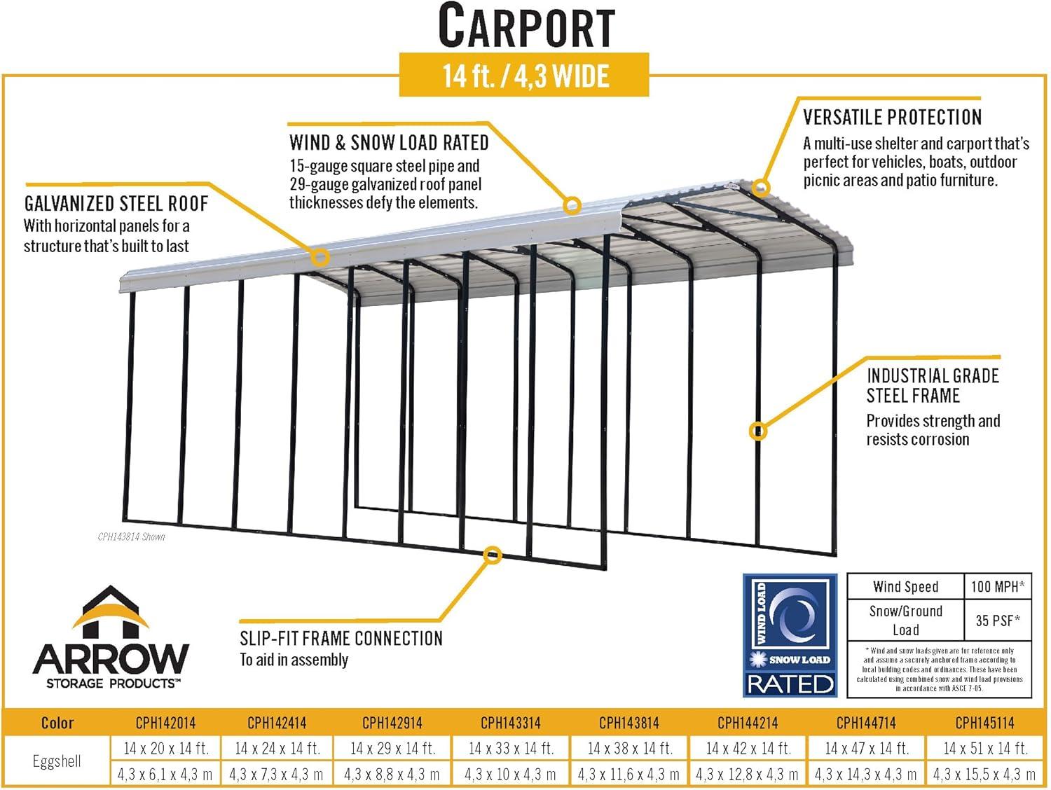 Arrow Carports Galvanized Steel Carport, RV Metal Carport Kit, 14' x 47' x 14', Eggshell