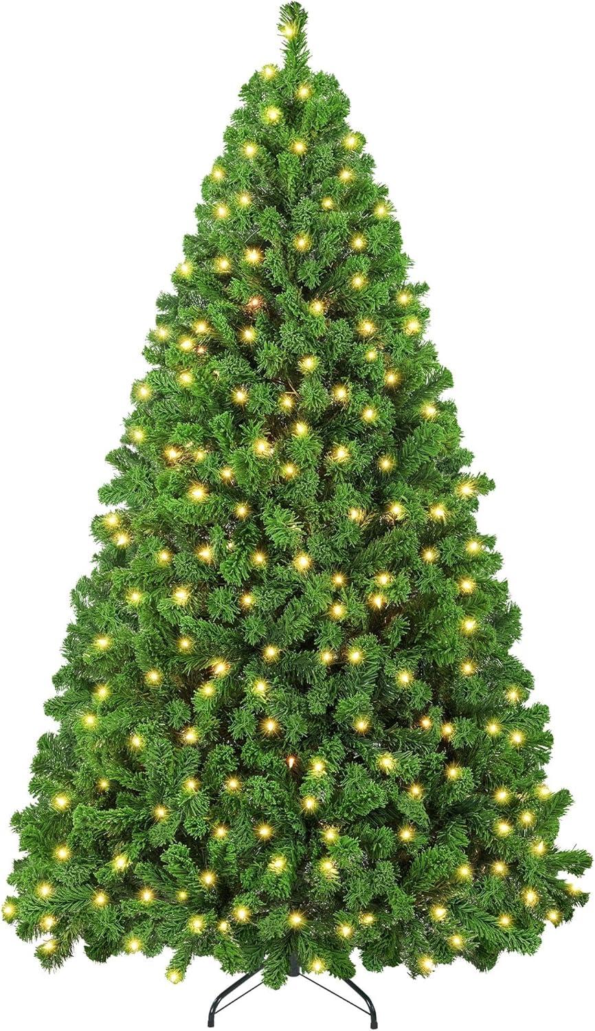 Killeryuki 6ft Pre-lit Artificial Christmas Tree with Incandescent Warm White , Snow Flocked Full Prelighted Xmas Tree with 820 Branch Tips, 250 Incandescent Lights & Foldable Stand, Pure Green