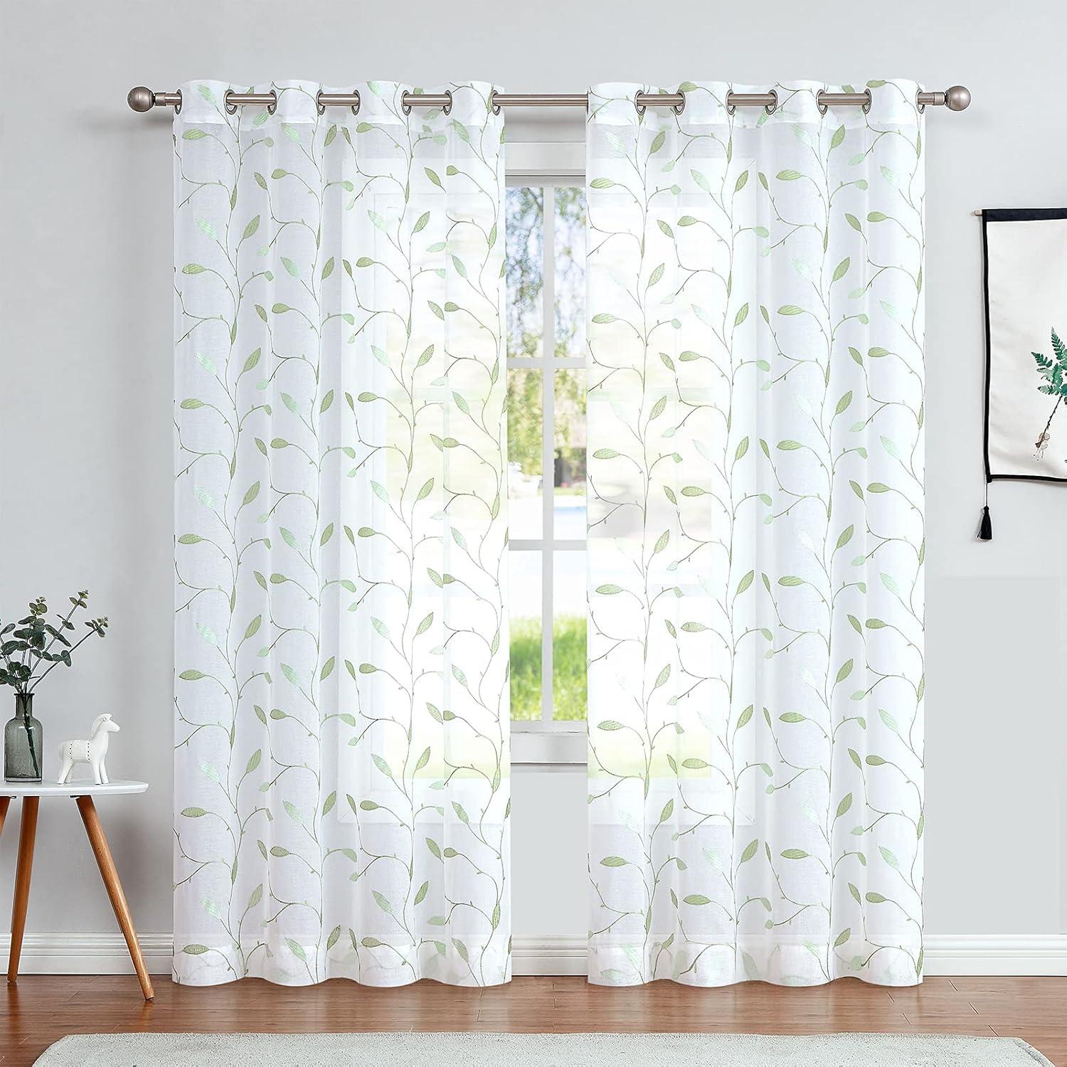 Green Leaf Embroidered Sheer Grommet Curtains 84"