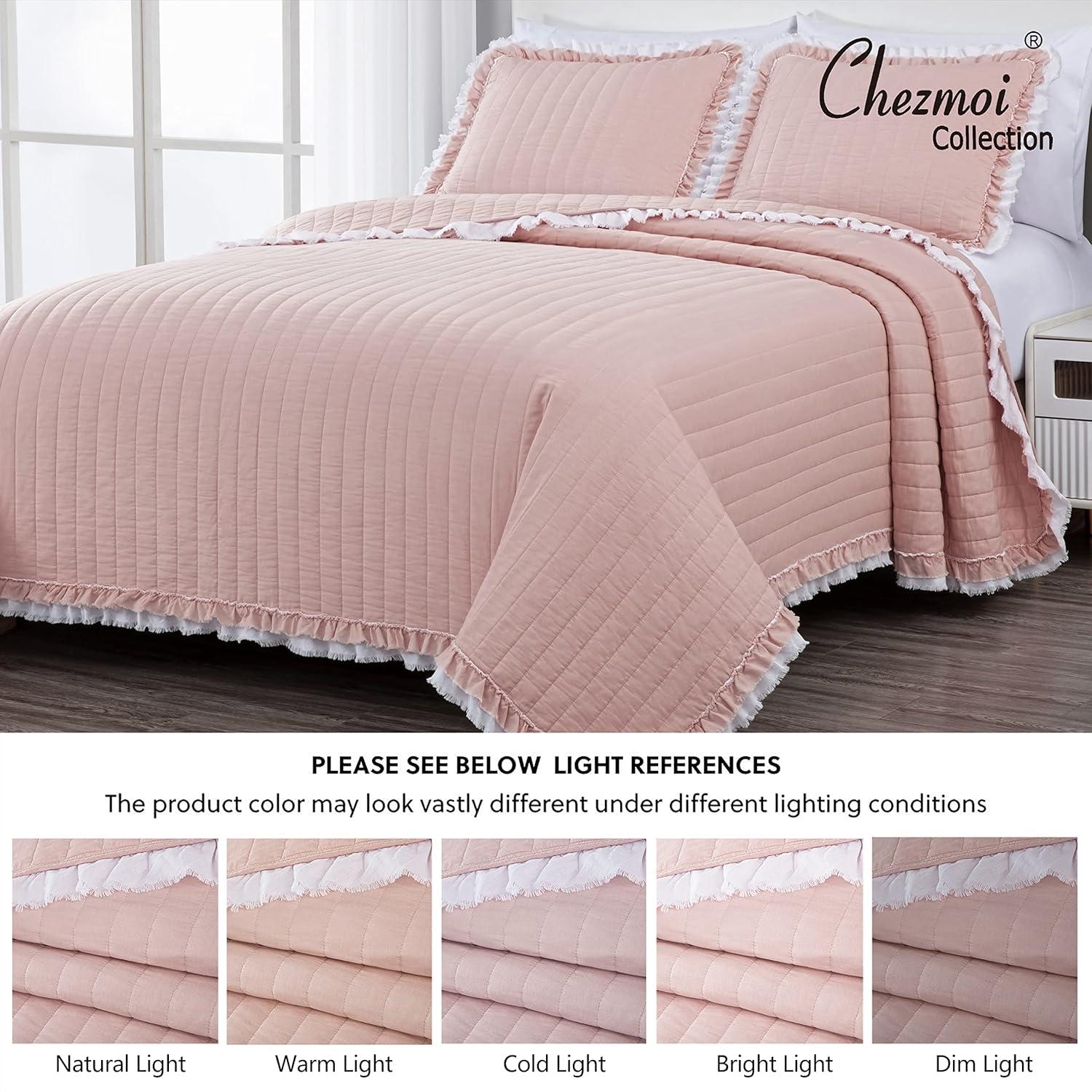 Chezmoi Collection Bonnie 2-Piece 100% Cotton Quilt Set Twin Size, Blush - Double Frayed Ruffled Edge Lightweight Pre-Washed Soft-Finished Cotton Bedspread for All Season