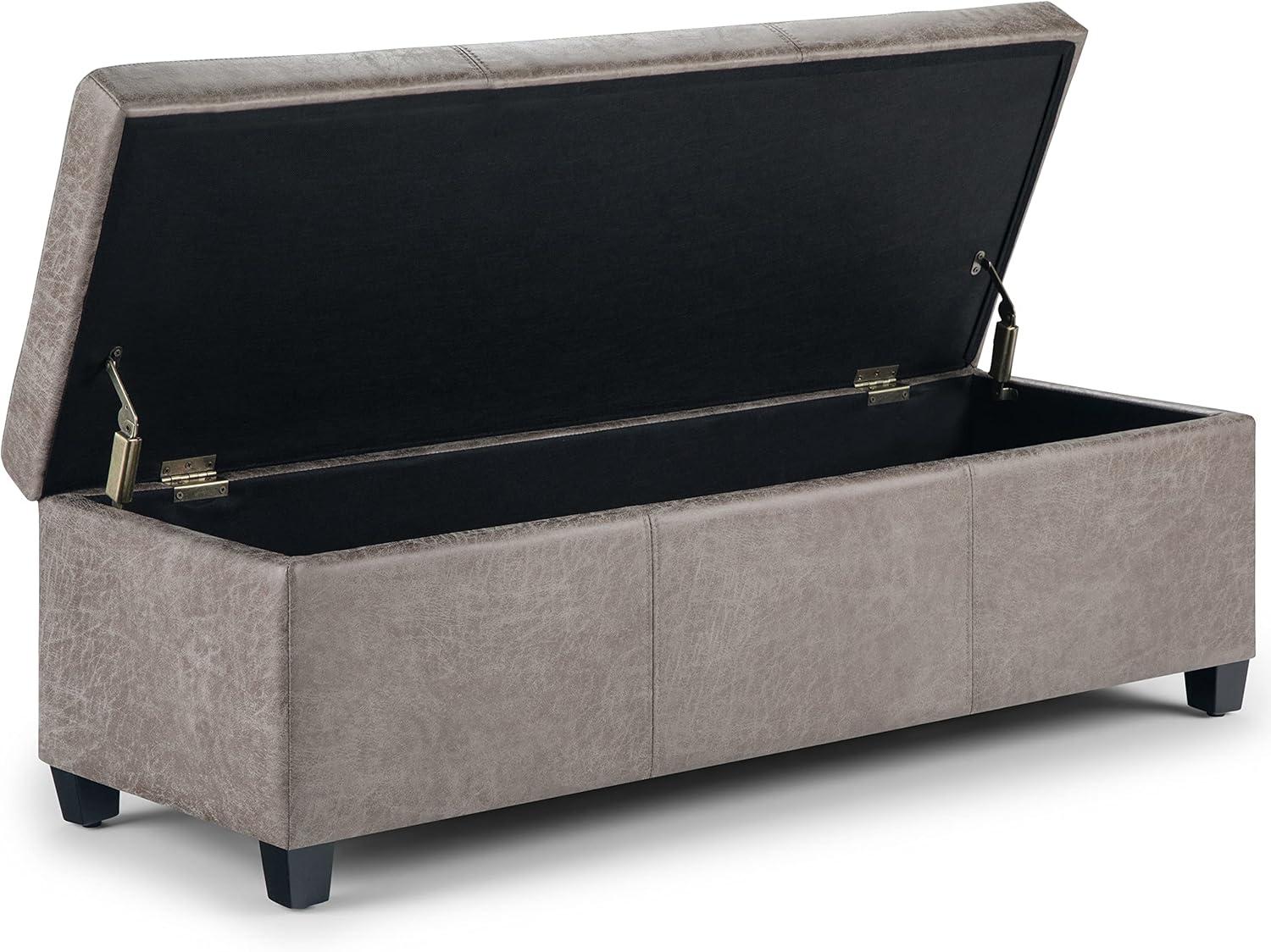 Simpli Home Avalon Storage Ottoman Bench In Distressed Grey Taupe Vegan Faux Leather