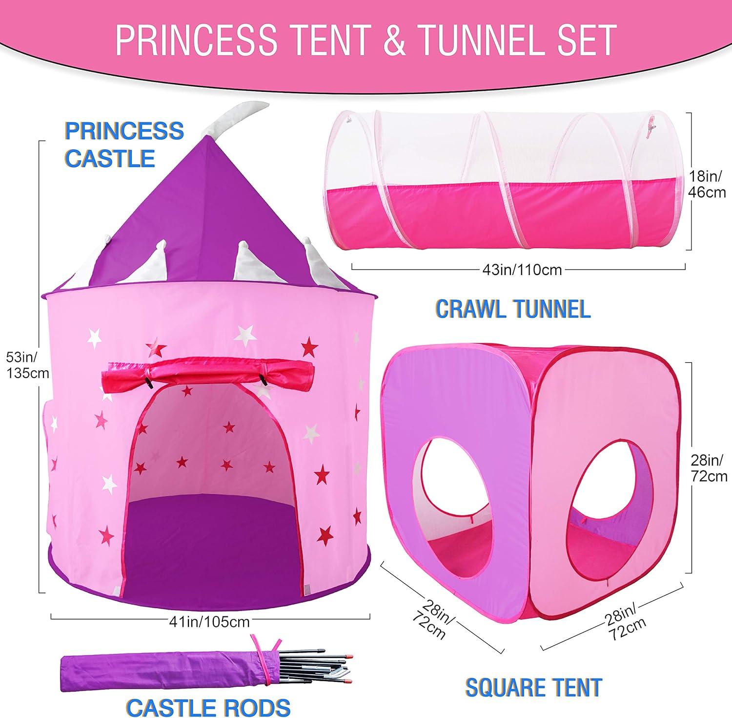 Gift for Girls Princess Tent with Tunnel Kids Castle Playhouse & Princess Dress up Pop Up Play Tent Set Toddlers Toy Birthday Gift Present for Age 2 3 4 5 6 7 Years Glow in The Dark Stars In