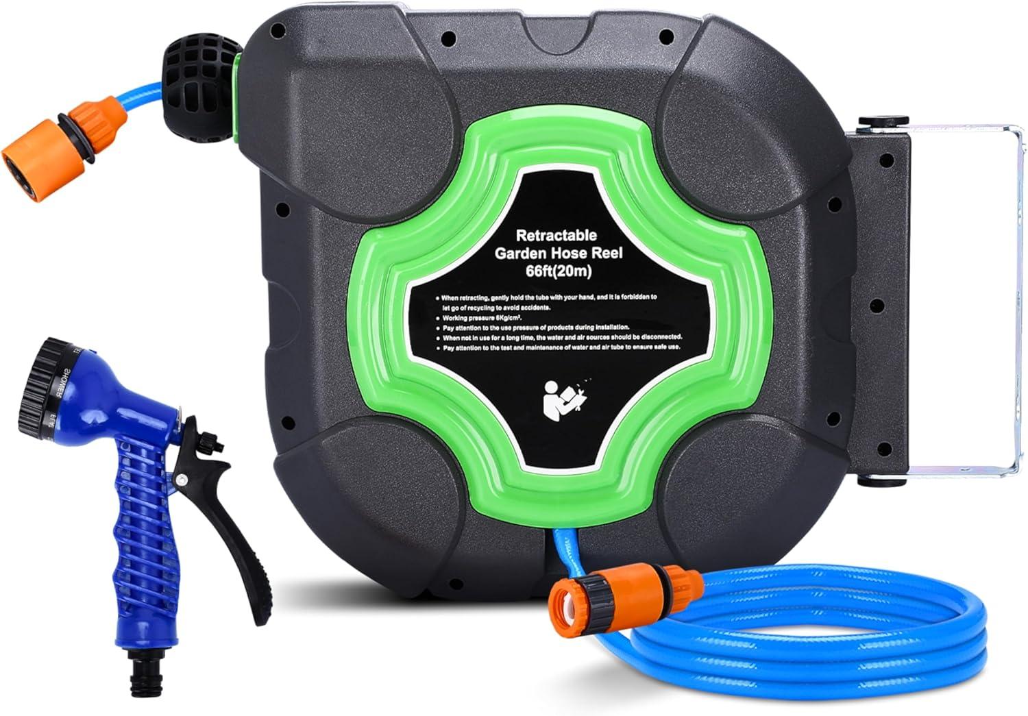 66ft Black and Green Retractable Garden Hose Reel