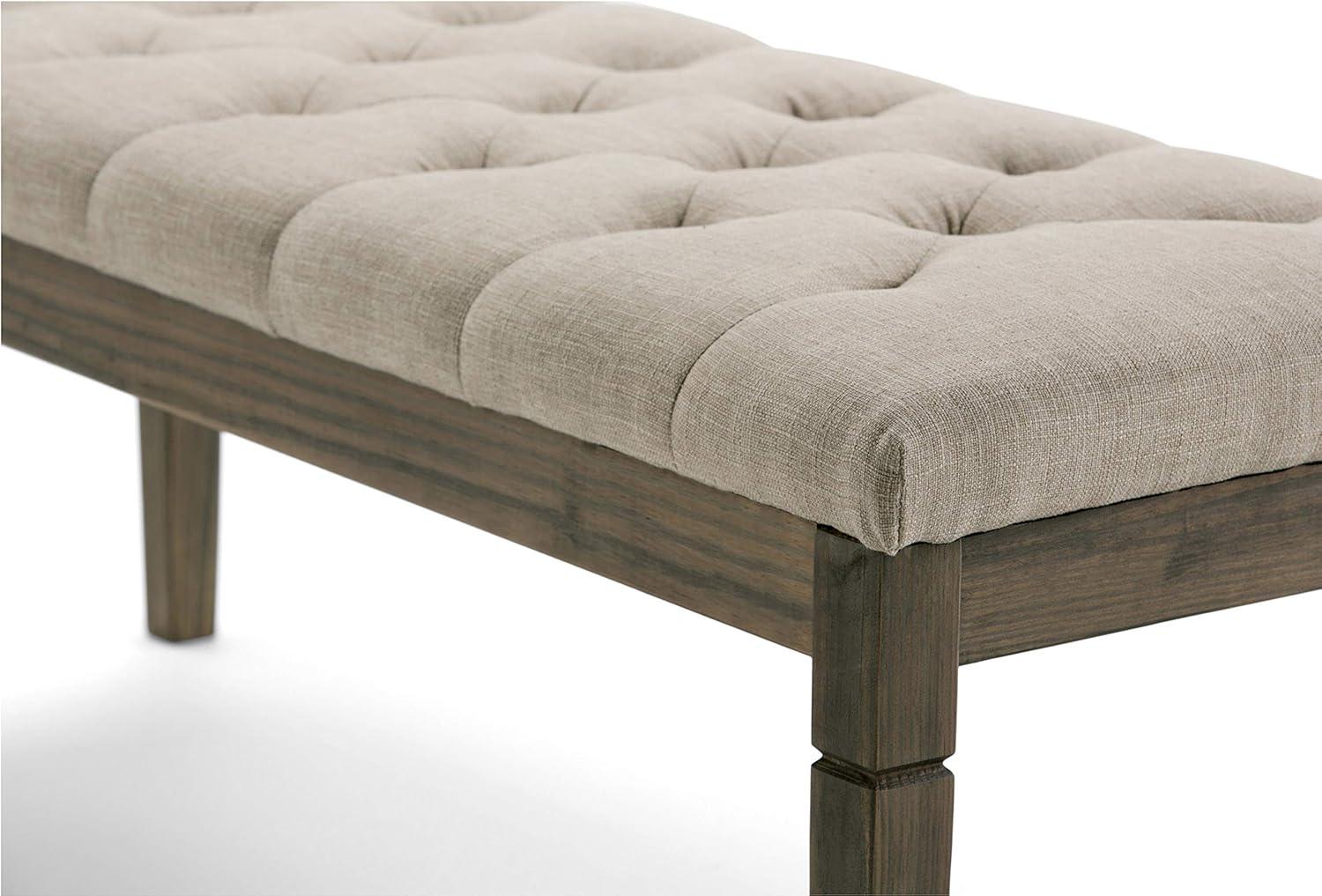 Elegant Natural Linen Tufted Pine Wood Rectangular Bench Ottoman