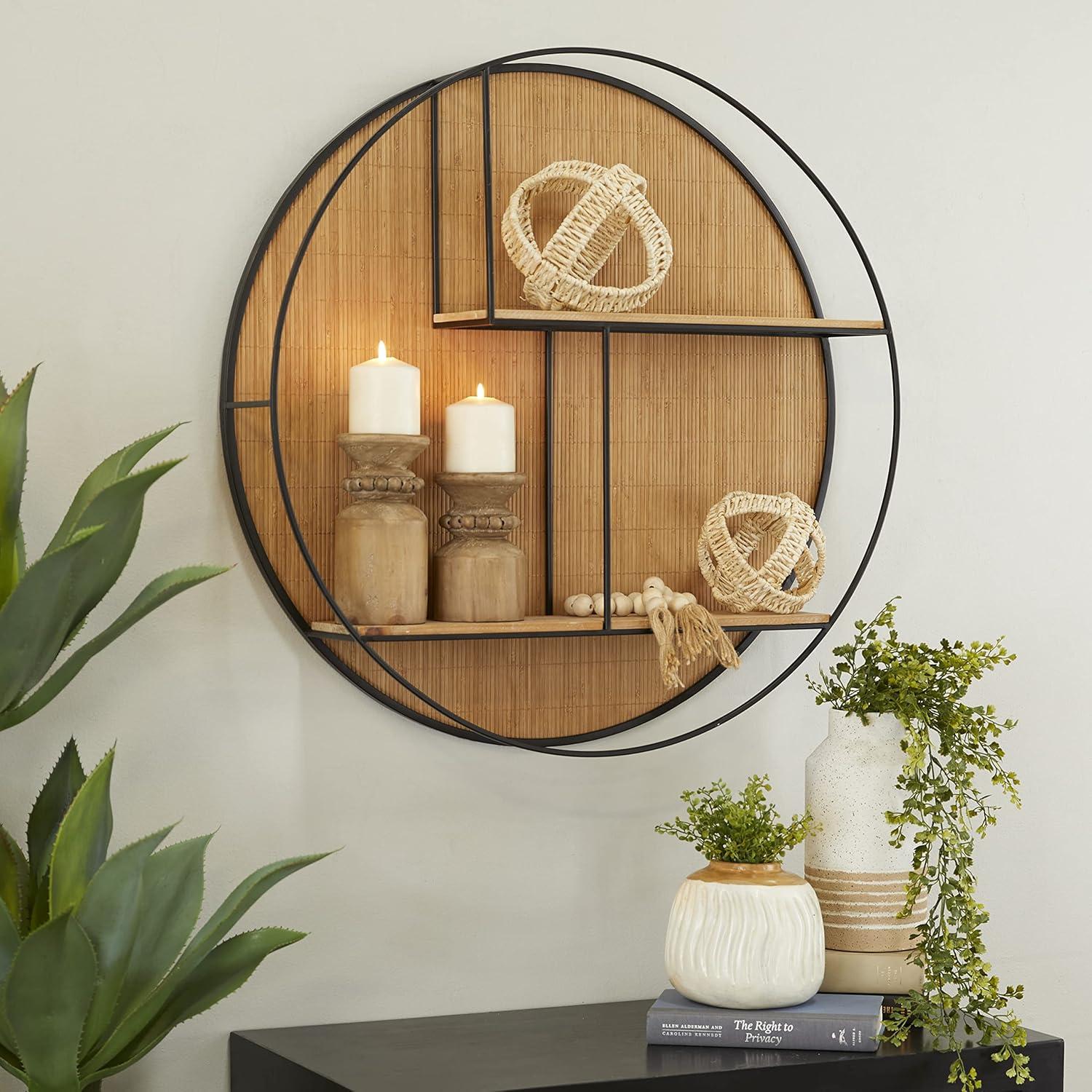 Round Bamboo and Black Metal Floating Wall Shelf with 2 Tiers