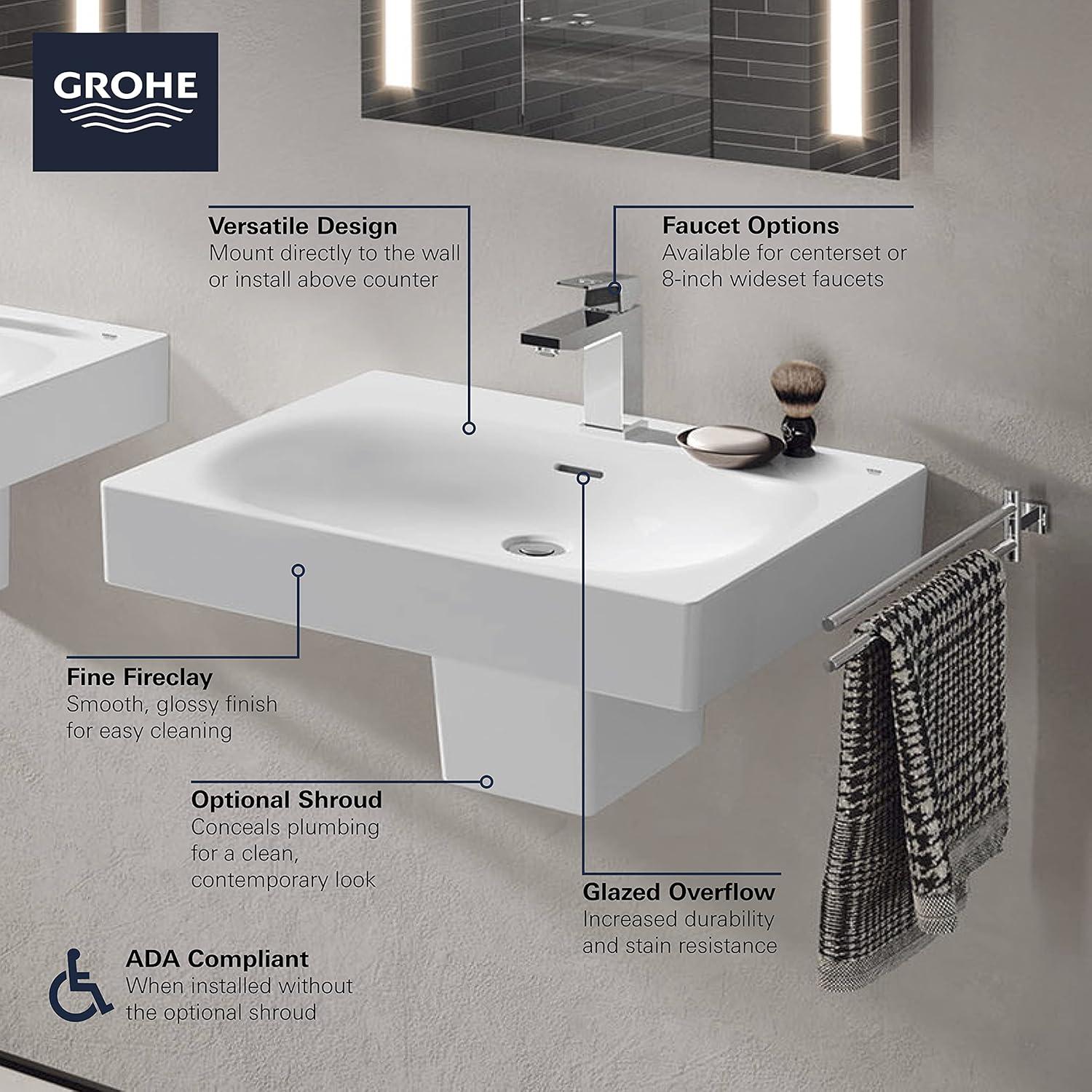 Eurocube® Alpine White Rectangular Wall Mount Bathroom Sink with Overflow