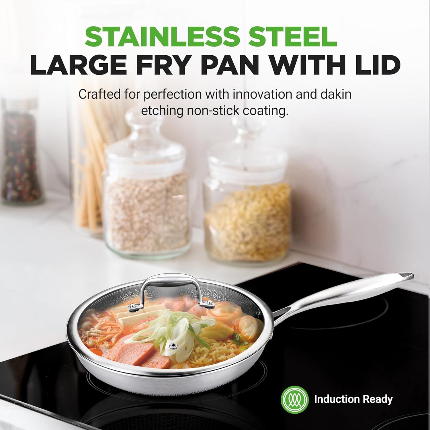 12" Stainless Steel Nonstick Stir Fry Pan with Glass Lid