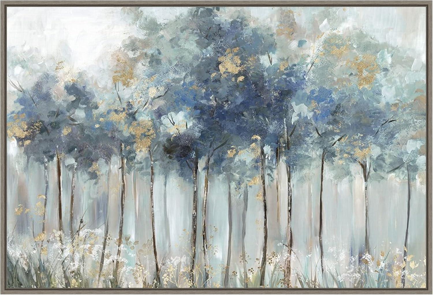 Blue and Gold Forest Landscape Canvas Print with Greywash Frame