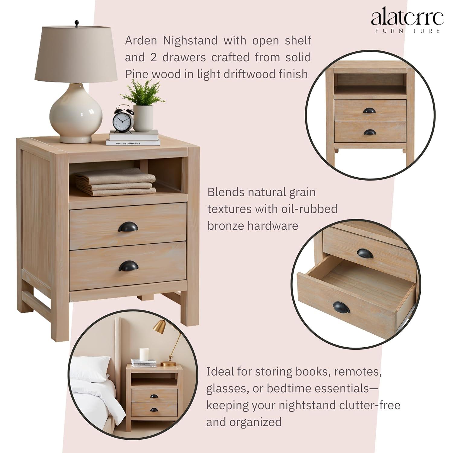 Arden 2-Drawer Wood Nightstand, 25 in. H Bedside Table with Oil Rubbed Bronze Drawer Pulls & Metal Drawers Glides, Perfect for Modern Rustic Bedroom Sets, Solid, Durable Pine Wood