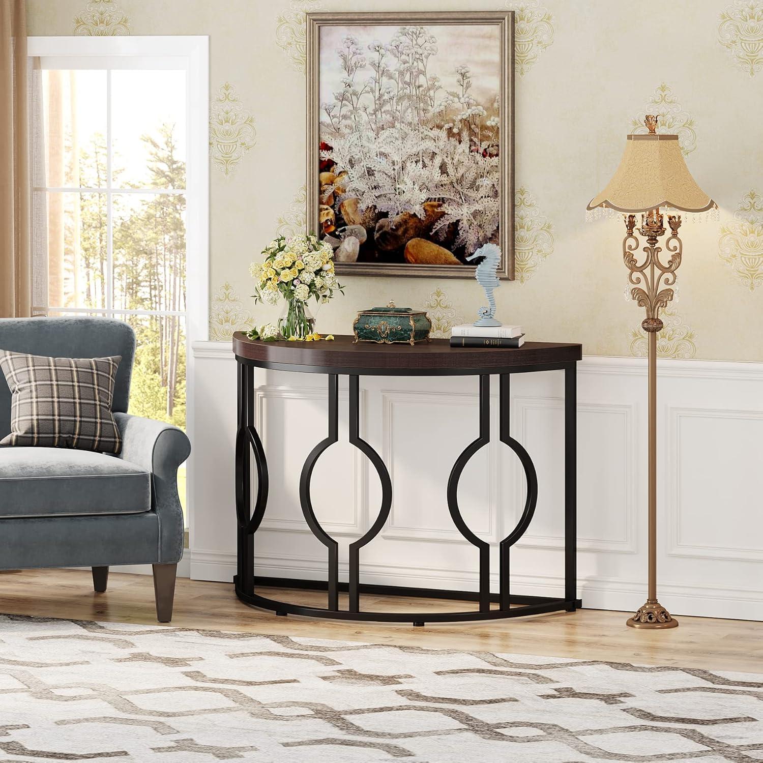 Rustic Brown and Black Demilune Wood and Metal Console Table