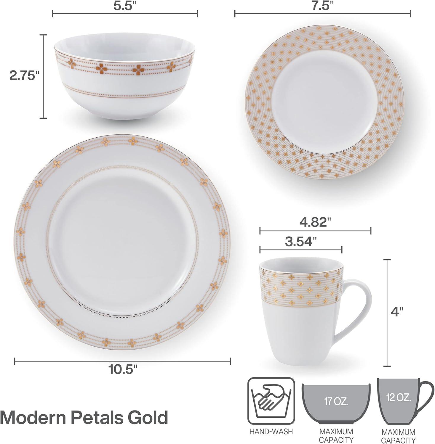 Modern Petals White and Gold Porcelain Dinnerware Set, Service for 8