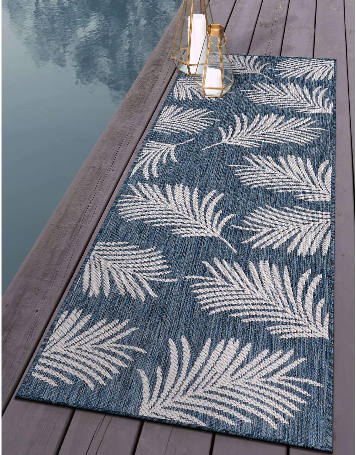 Tropical Navy Floral Flatwoven Synthetic 2'x7' Indoor/Outdoor Rug