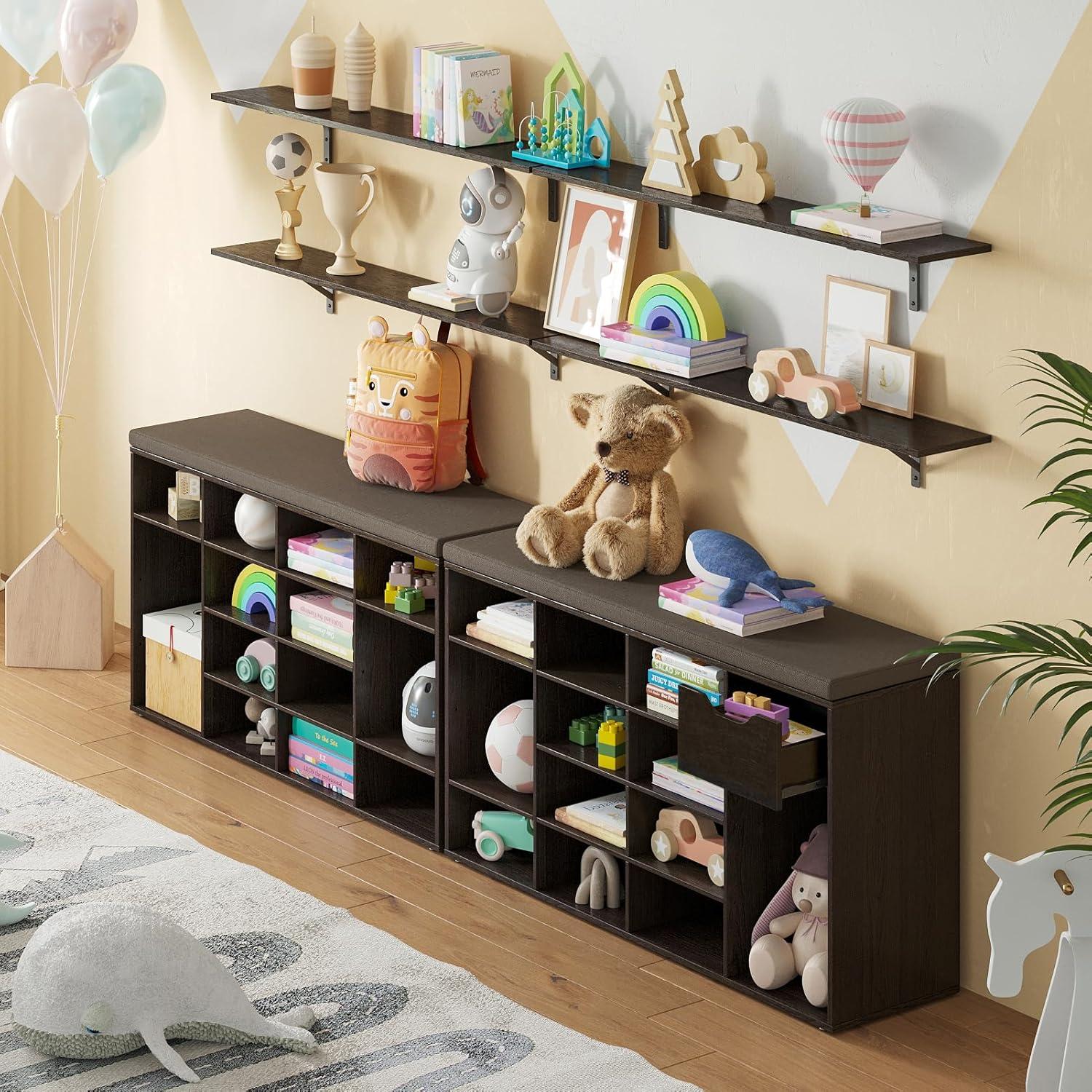 Shoe Rack Bench with Cushion 15-Cube Storage Bench Storage Cabinet for Entryway Espresso
