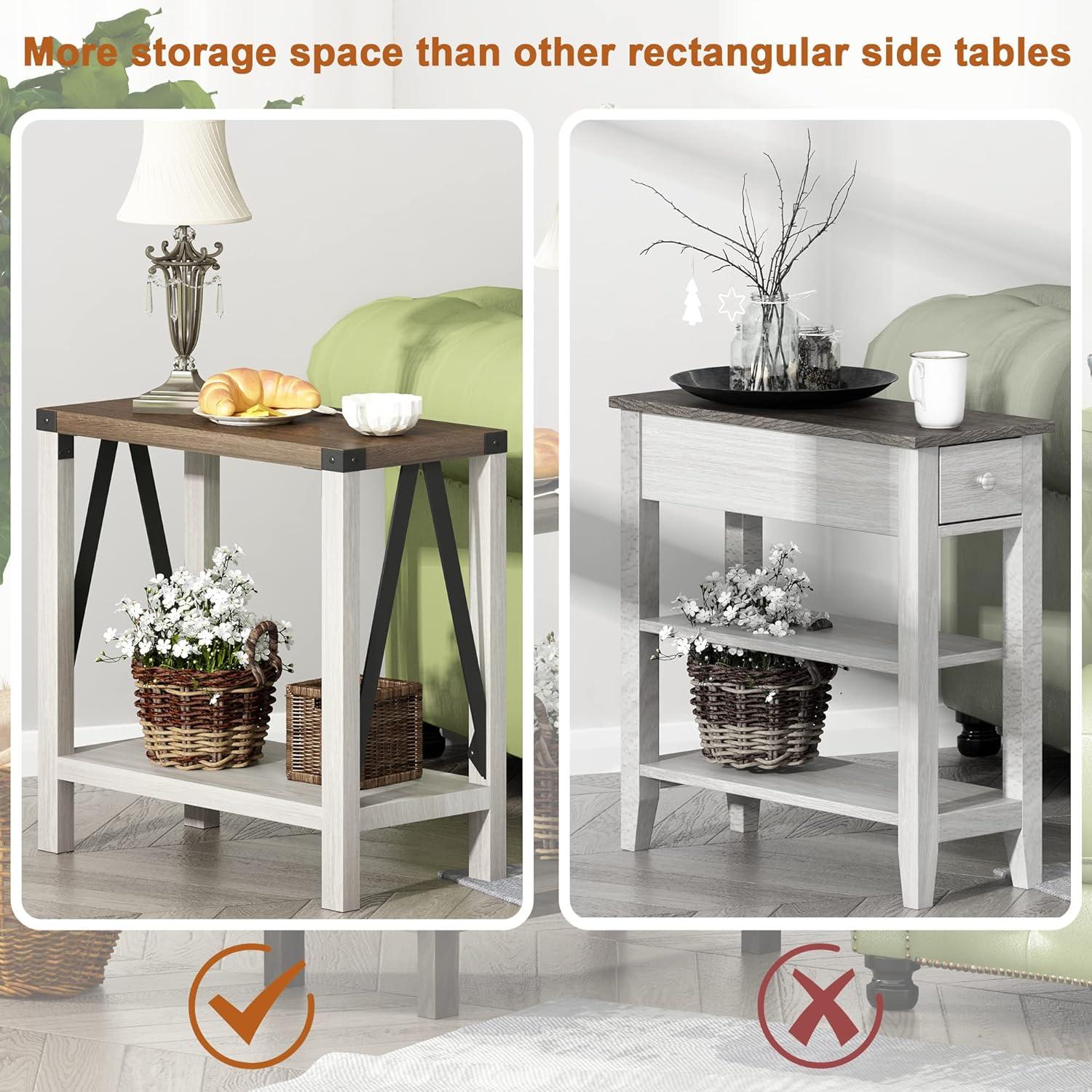 Gracie Oaks Farmhouse End Table For Small Spaces, Narrow Side End Table With Storage Shelf, Rustic A-Design Nightstand Sofa Table For Living Room, Bedroom 2 Pack