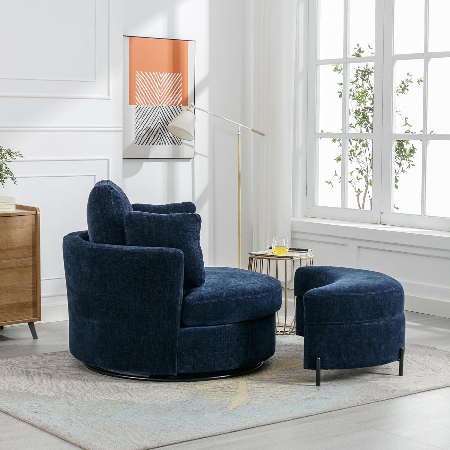 Navy Chenille Swivel Barrel Chair with Ottoman