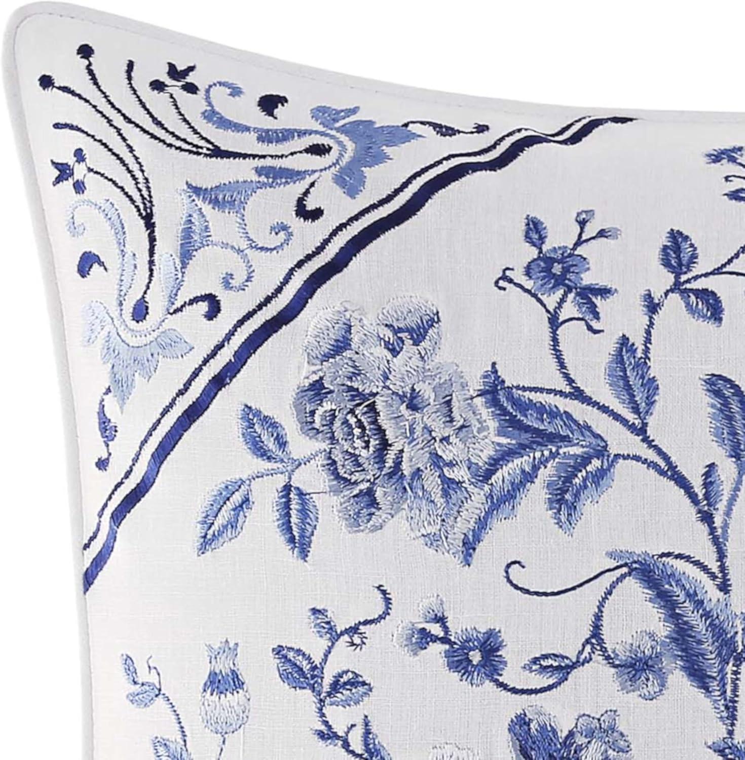 Charlotte Blue and White Square Embroidered Linen-Cotton Throw Pillow