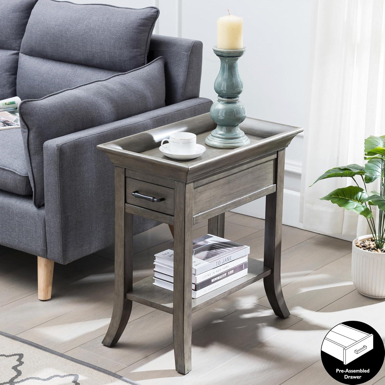 Smoke Gray Wash Wood Side Table with Drawer and Shelf