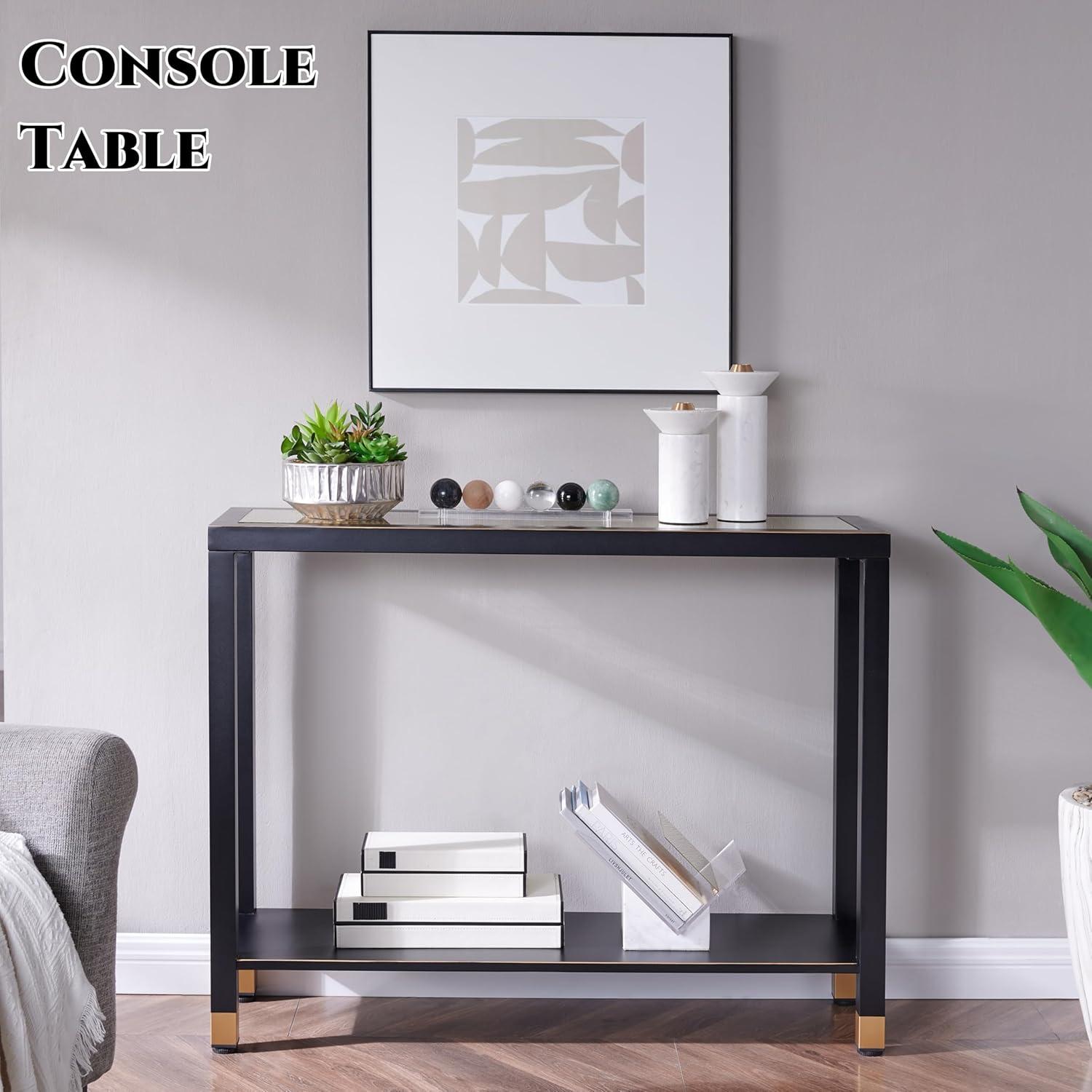 Black Metal and Glass 2-Tier Console Table with Storage