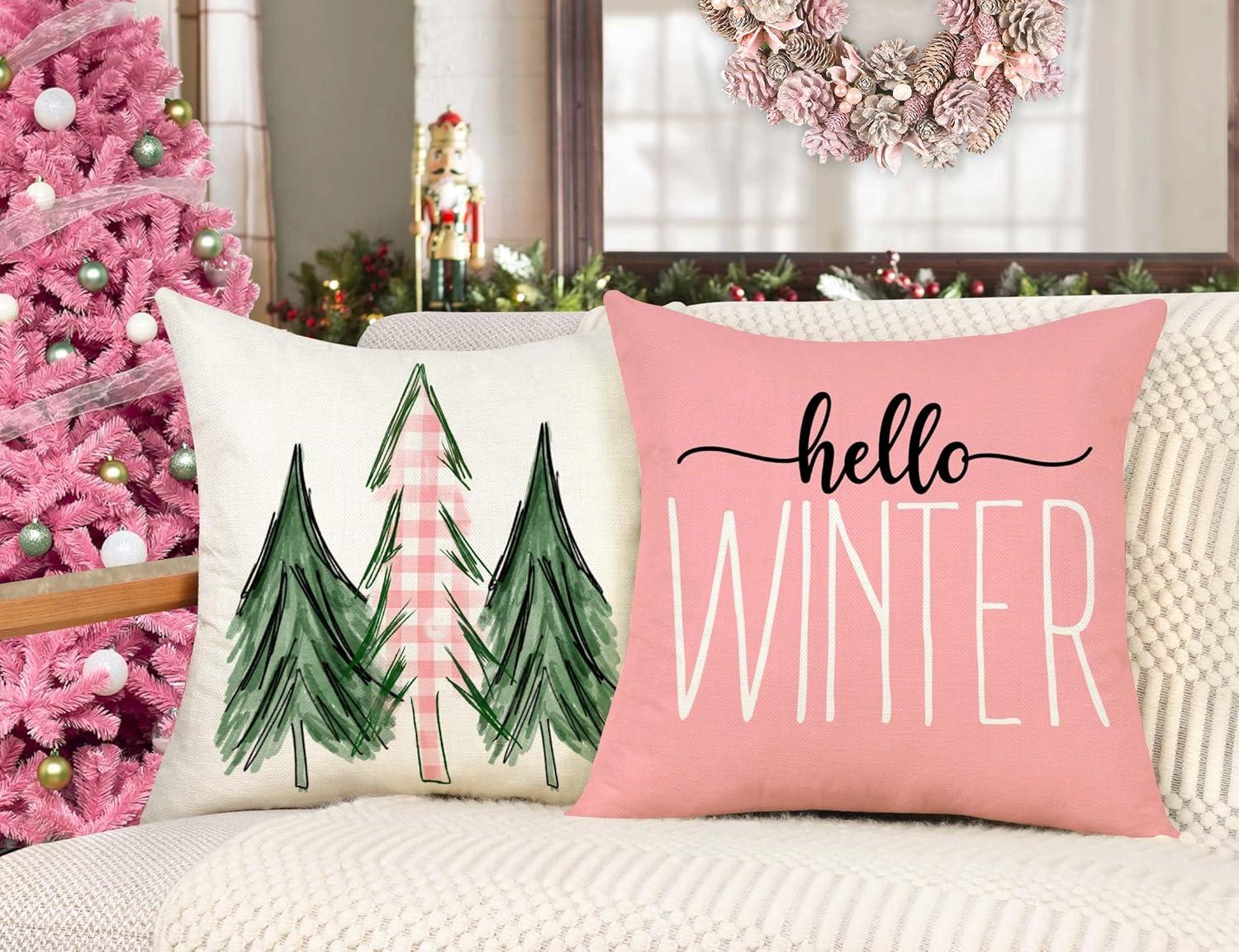 Pink Christmas Pillow Covers 18 x 18 Inch Set of 4 Striped Christmas Decorations Pink Christmas Tree Santa Claus Farmhouse Holiday Hello Winter Let it Snow Throw Pillows Cushion Case for Sofa Couch