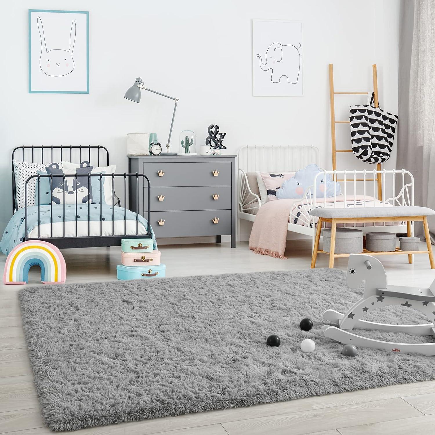 Ompaa Soft Fluffy Area Rug for Living Room Bedroom, 5x8 Grey Plush Shag Rugs, Fuzzy Shaggy Accent Carpets for Kids Girls Rooms, Modern Apartment Nursery Dorm Indoor Furry Decor