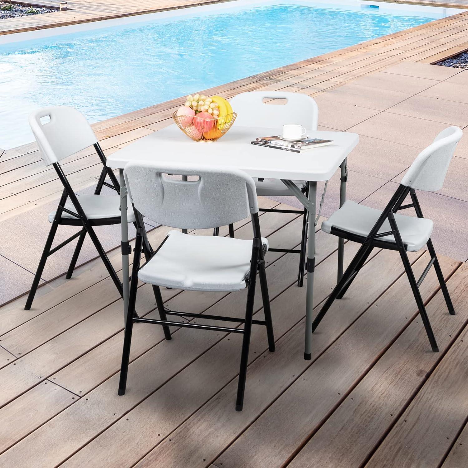 Hassch Plastic Folding Chairs Set of 4, Indoor Outdoor Stackable Chairs with White Seat & Back, Black Steel Frame, Used for Party, Garden, Patio, Dining, Wedding, Camping