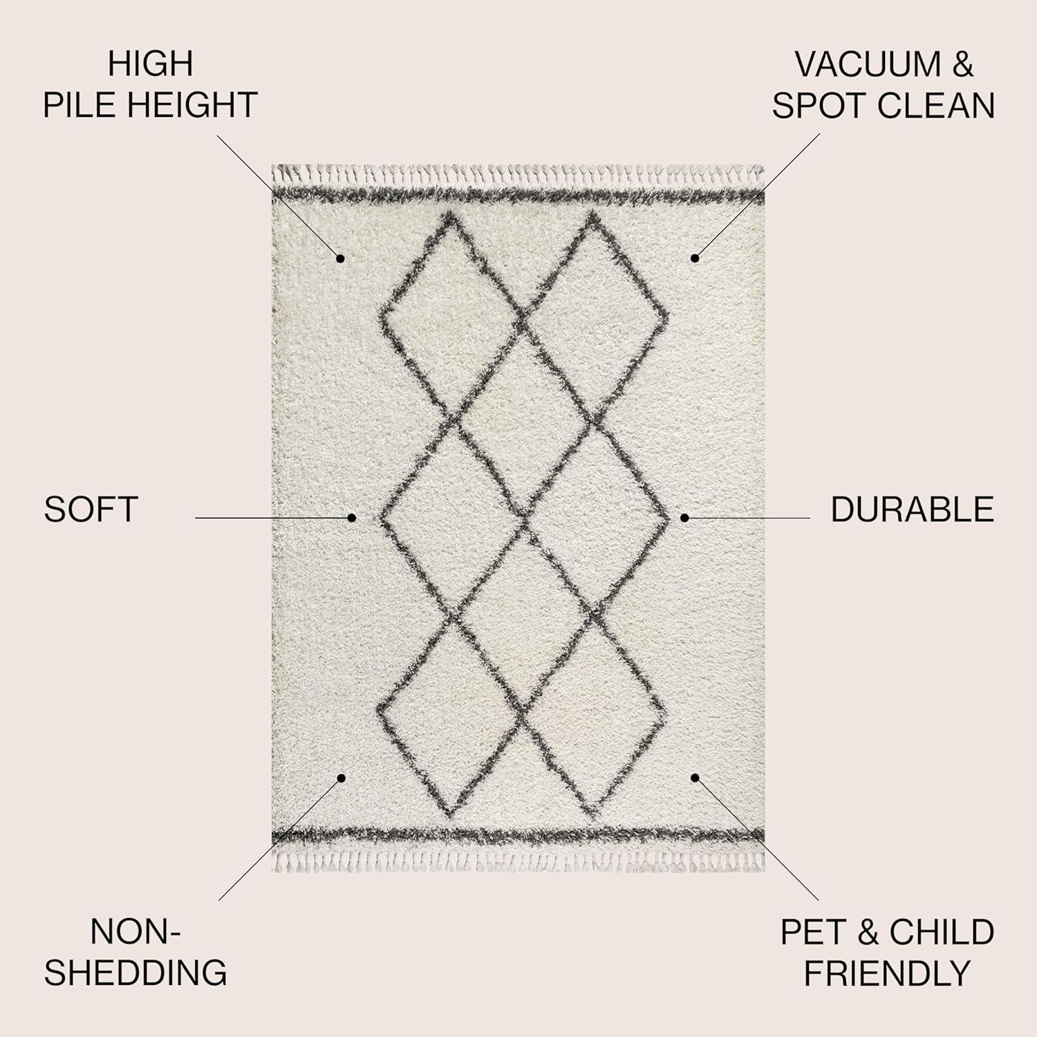 5'x8' Mercer Shag Plush Tassel Moroccan Geometric Trellis Area Rug, Cream/Grey - JONATHAN Y