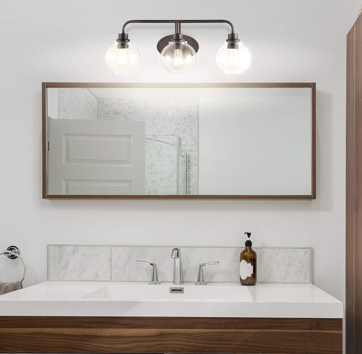 JONATHAN Y Sandrine 26.25" 3-Light Iron/Seeded Glass Cottage Rustic LED Vanity Light, Oil Rubbed Bronze