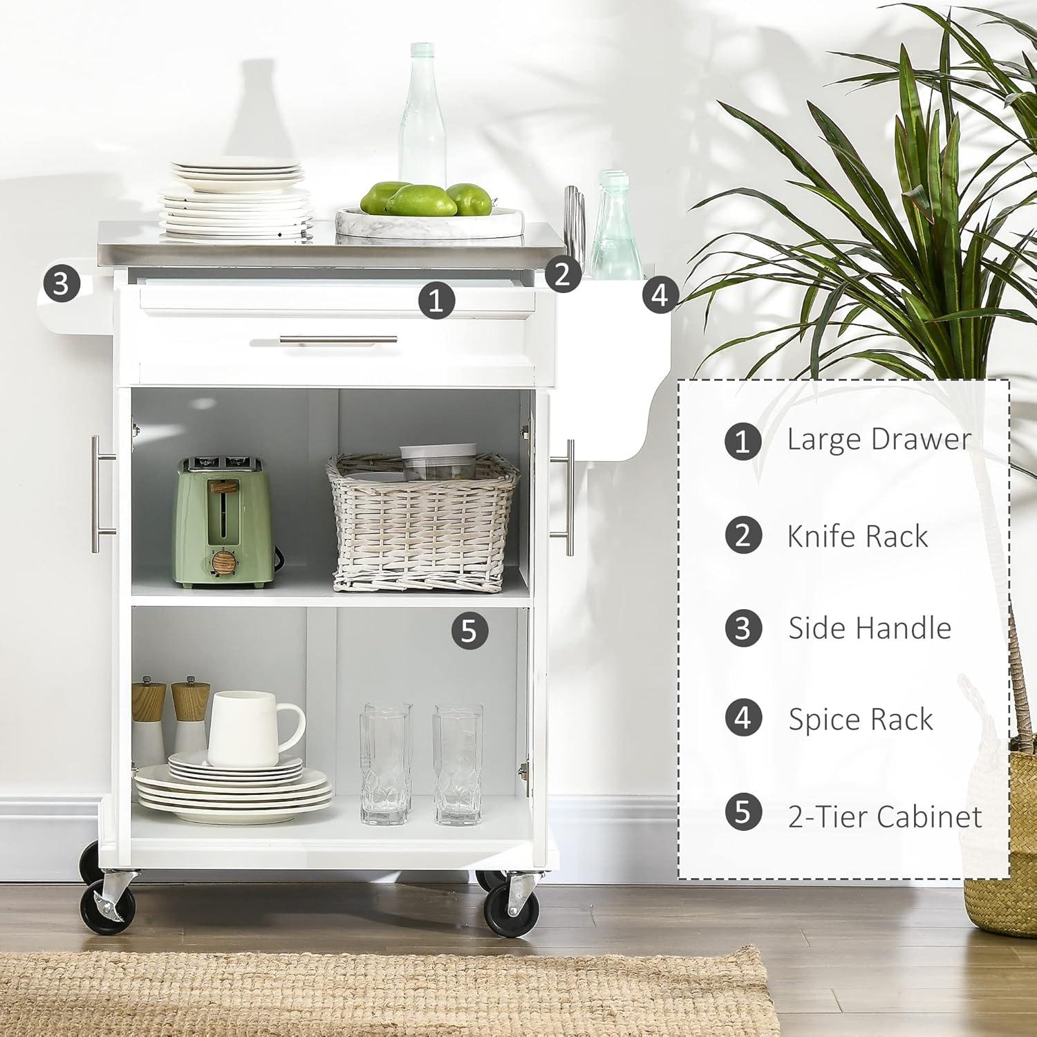 Qumbnk Stainless Steel Top Kitchen Cart with Wheels and Drawer, Modern Rolling Kitchen Island with Towel Rack and Spice Rack, White