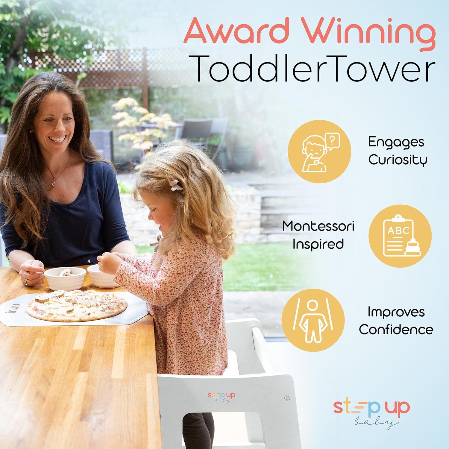 Stepup Baby Toddler Tower with Adjustable Step, White Montessori-Inspired Toddler Step Stool, Standing Tower for Kids, Fits Under Kitchen Counters, Adjustable for 18 Month - 5 Years