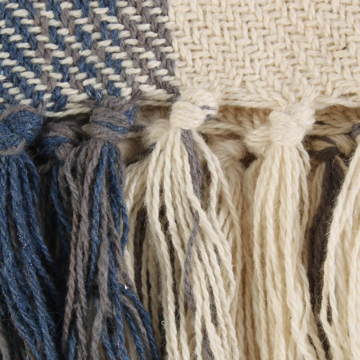 Farmhouse Beige and Blue Cotton Plaid Throw Blanket with Fringe