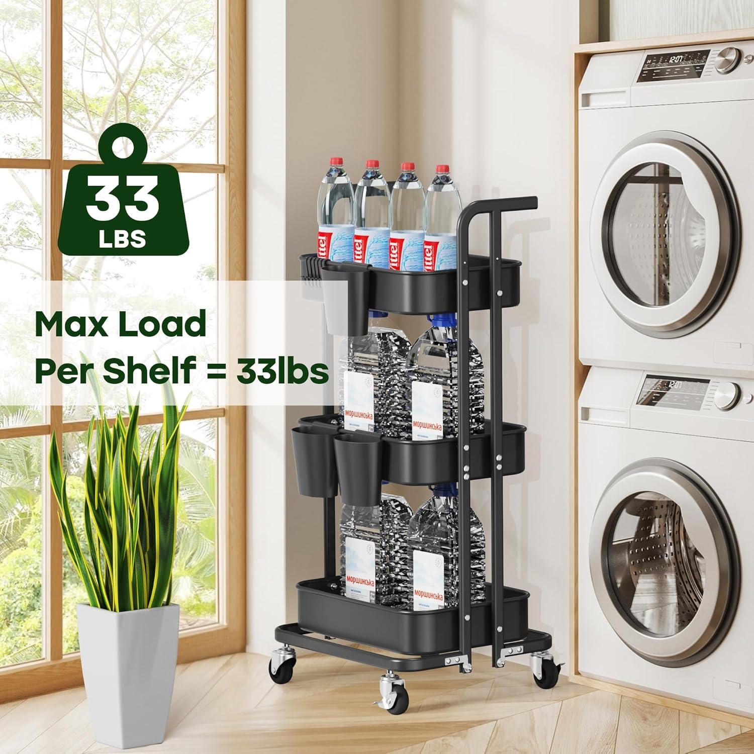 Wharick Foldable Storage Cart 3 Tier Rolling Cart with Wheels Folding Metal Cart Organizer with Handle Utility Cart with Basket for Kitchen Pantry, Classroom, Office
