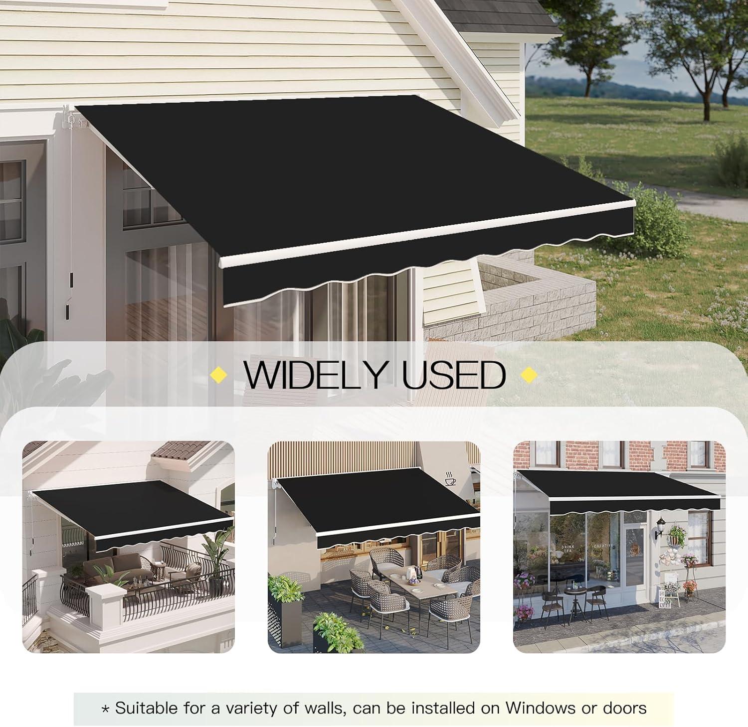 Black Polyester Retractable Patio Awning with Crank Handle