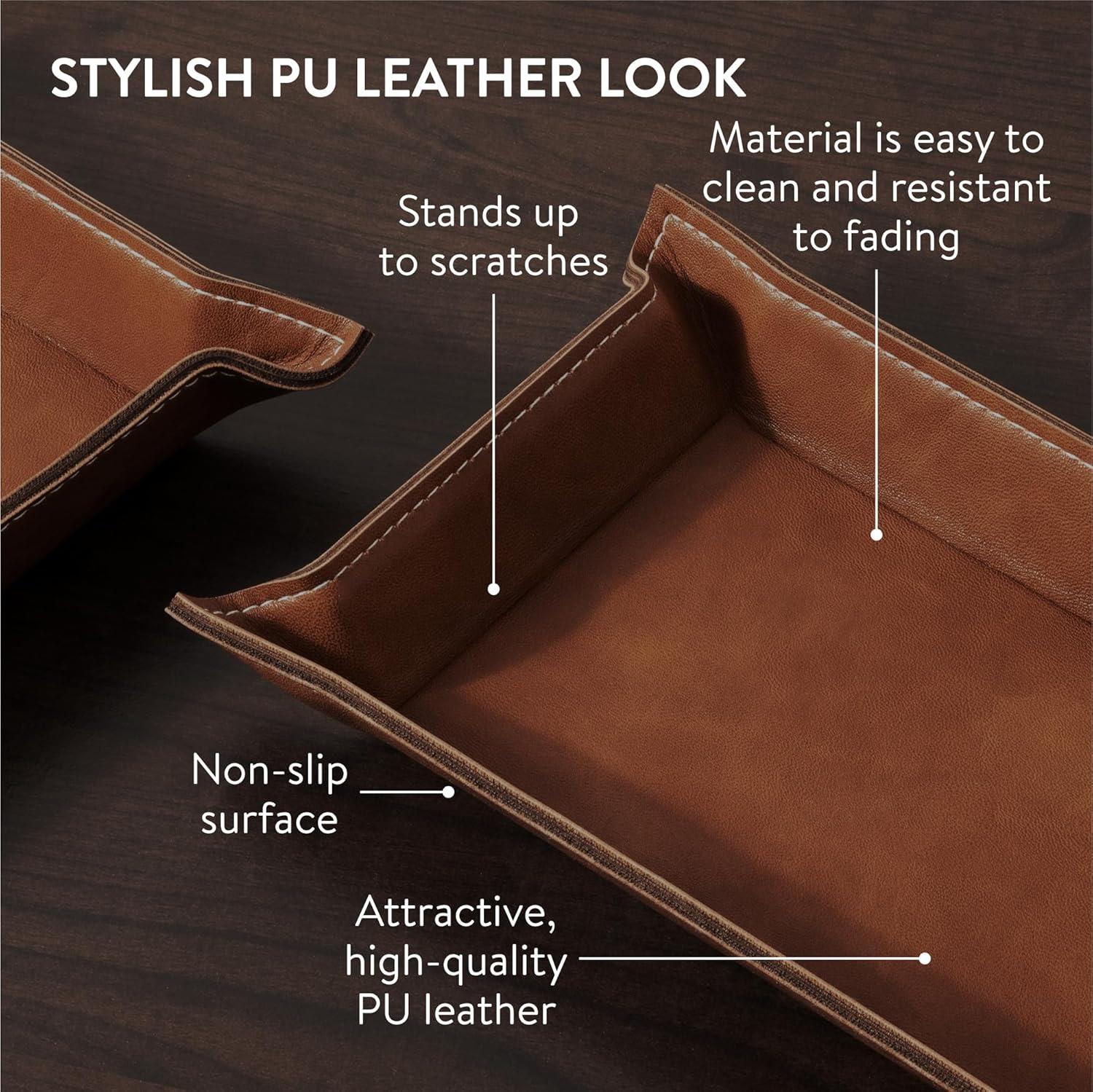 Navaris Faux Leather Tray Set - 2 Valet Organizer Trays for Bedside Table, Retro Fashion - Desk Storage Plate for Key Coin Phone Wallet (Brown)