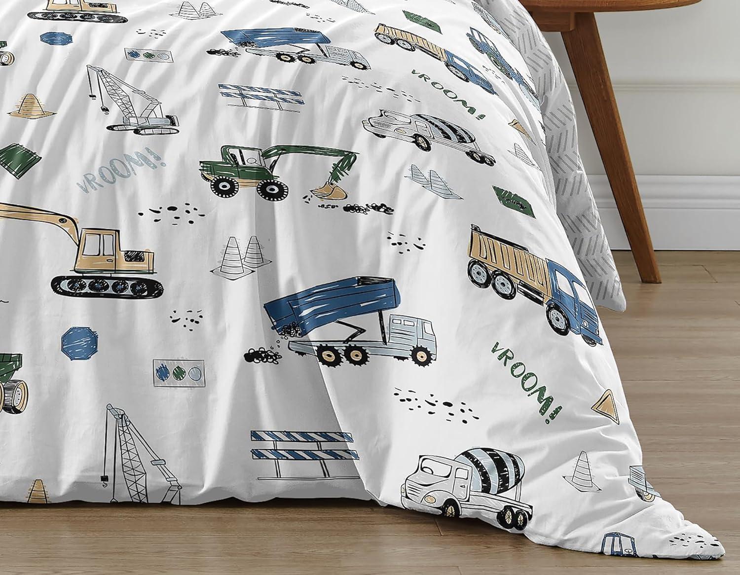 Construction Truck Blue Green Yellow Grey And Black 3 Piece Queen Comforter Set