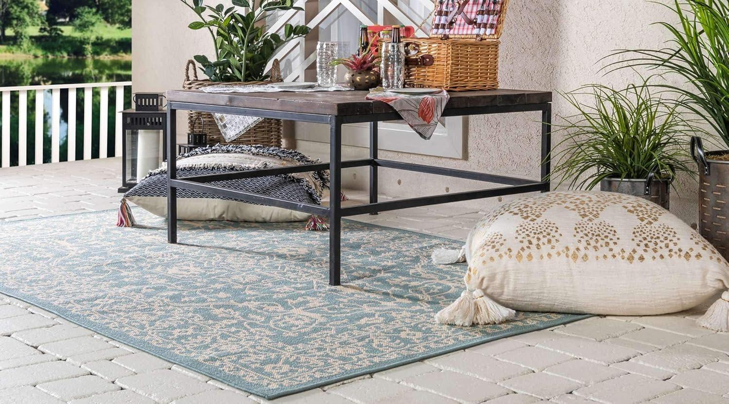 Unique Loom Outdoor Botanical Collection Area Rug - Allover (2' x 3' 1" Rectangle Light Blue/Beige)