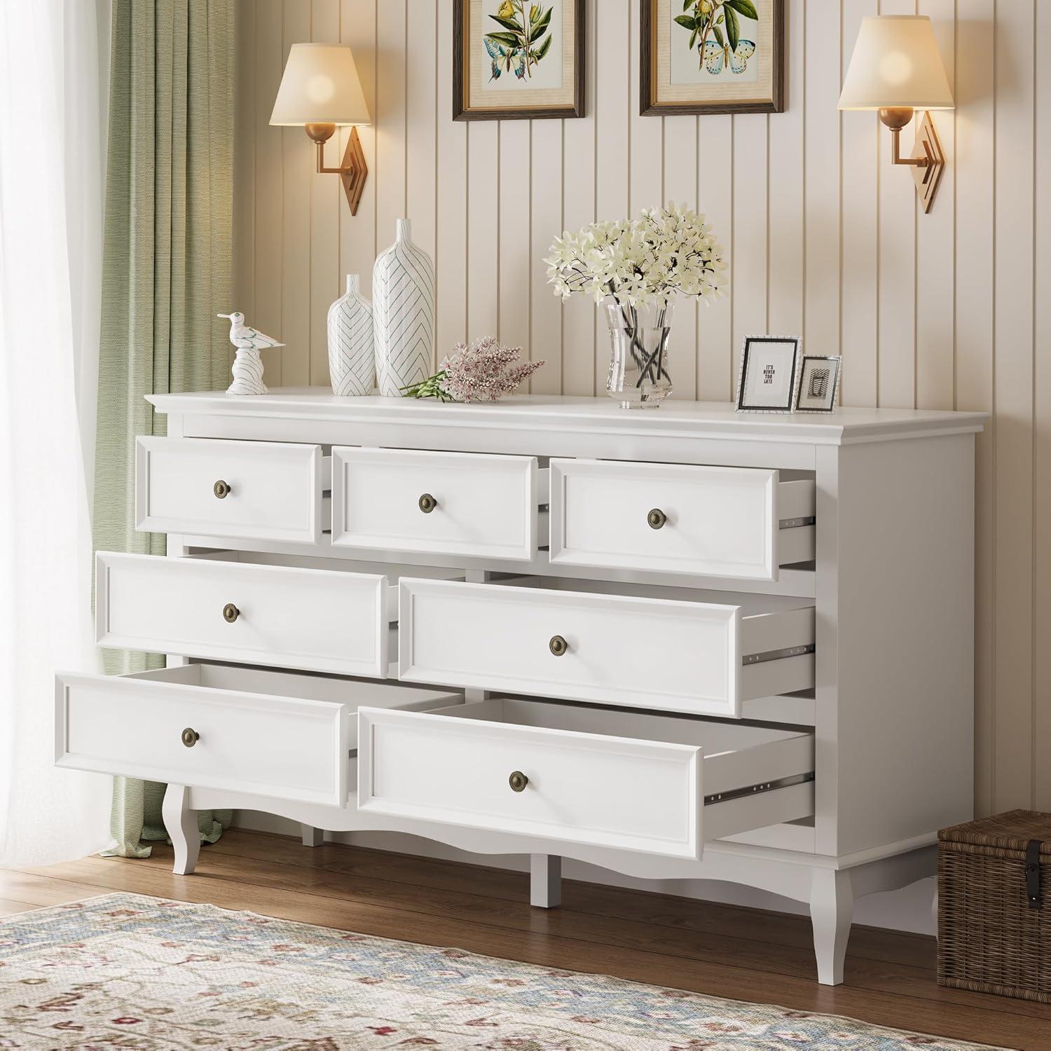 RoyalCraft White Fluted 6 Drawer Dresser for Bedroom, Modern Chest of Drawers, Wood Dresser for Storage Clothes, Wooden Storage Cabinet for Bedroom, Hallway, Living Room, Entryway