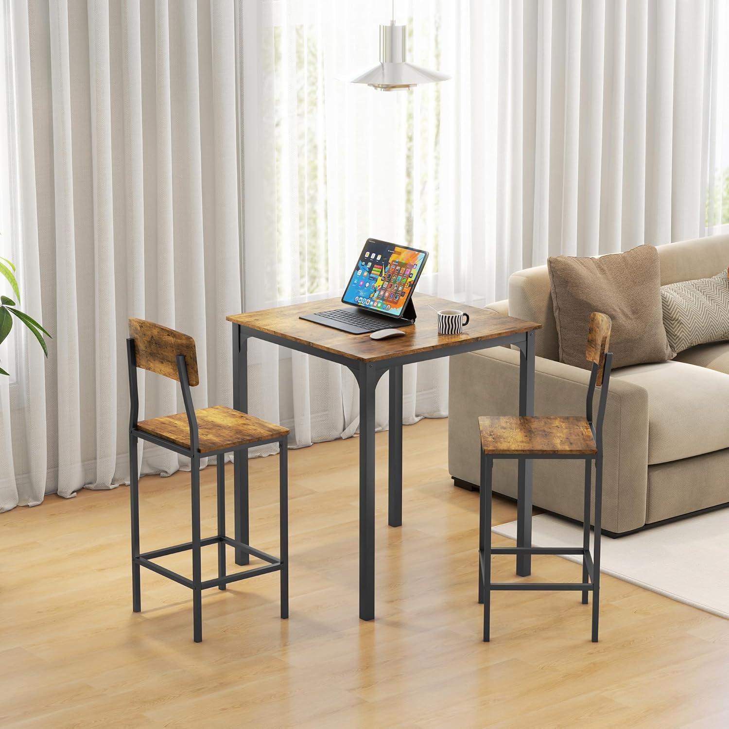 HOMCOM 3 Piece Bar Table and Chairs Set, Industrial Small Dining Table Set for 2, Square Kitchen Table and Stools, Rustic Brown and Black