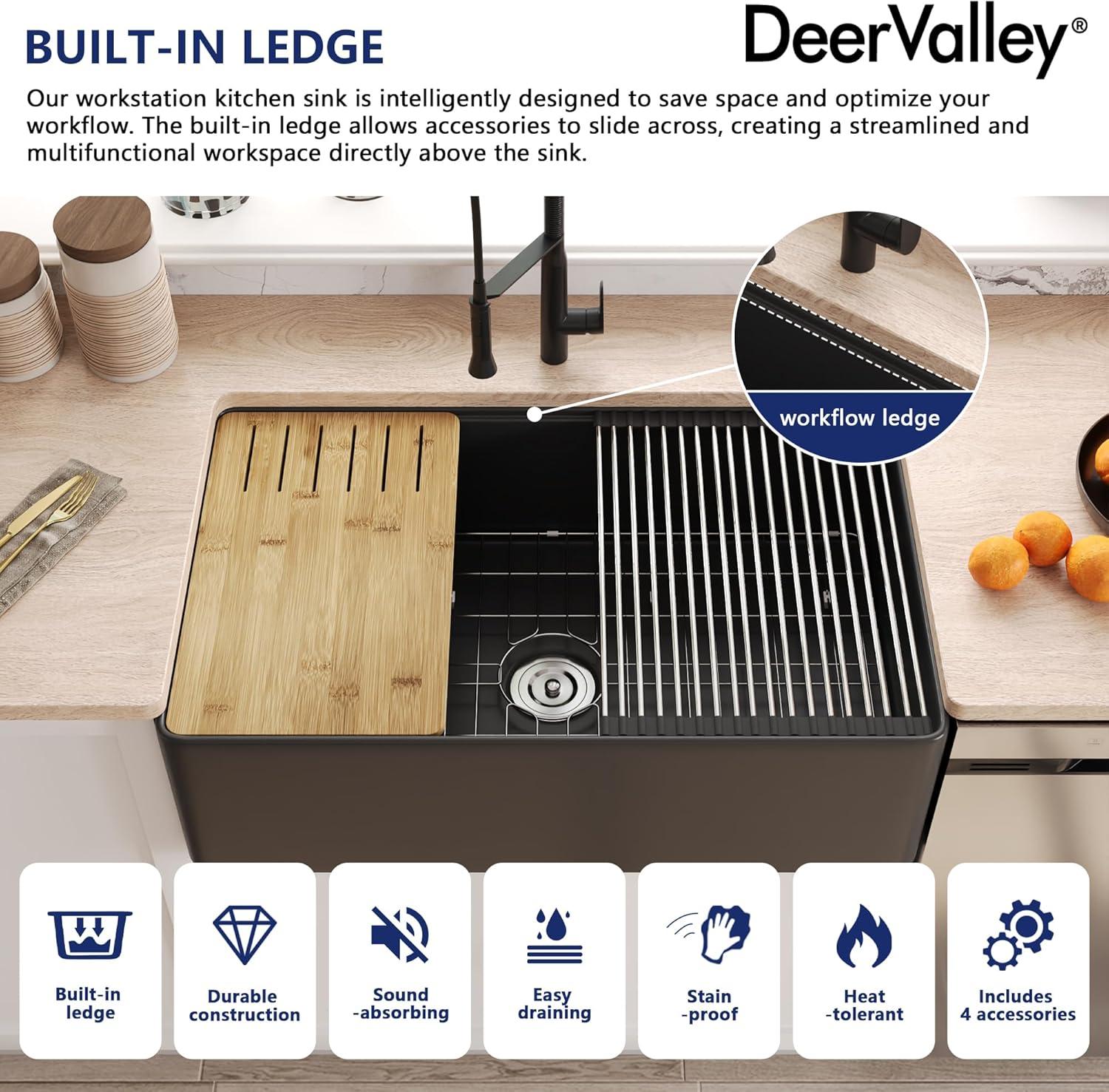 33"L x 20"W Farmhouse Kitchen Sink Deep Single Bowl Fireclay Workstation Sink with Cutting Board and Dish Drying Rack