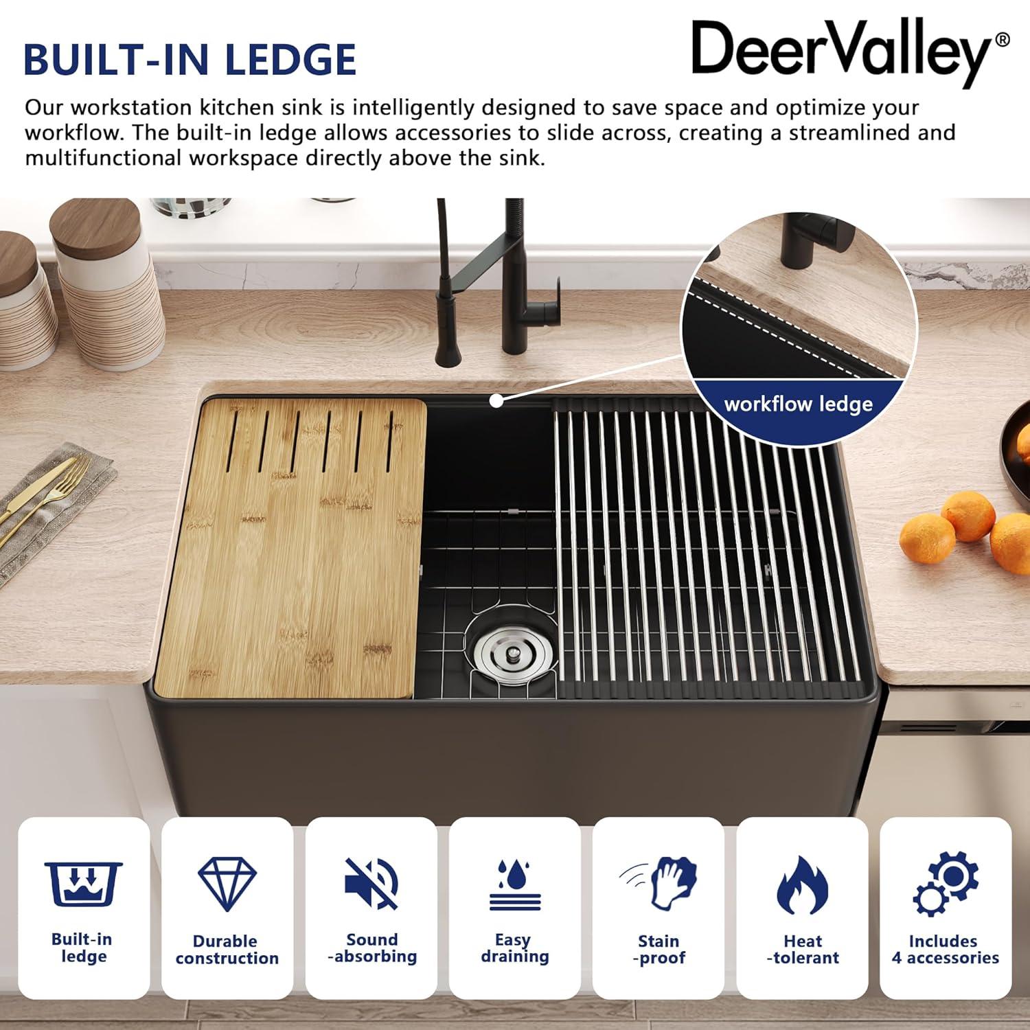 33"L x 20"W Farmhouse Kitchen Sink Deep Single Bowl Fireclay Workstation Sink with Cutting Board and Dish Drying Rack