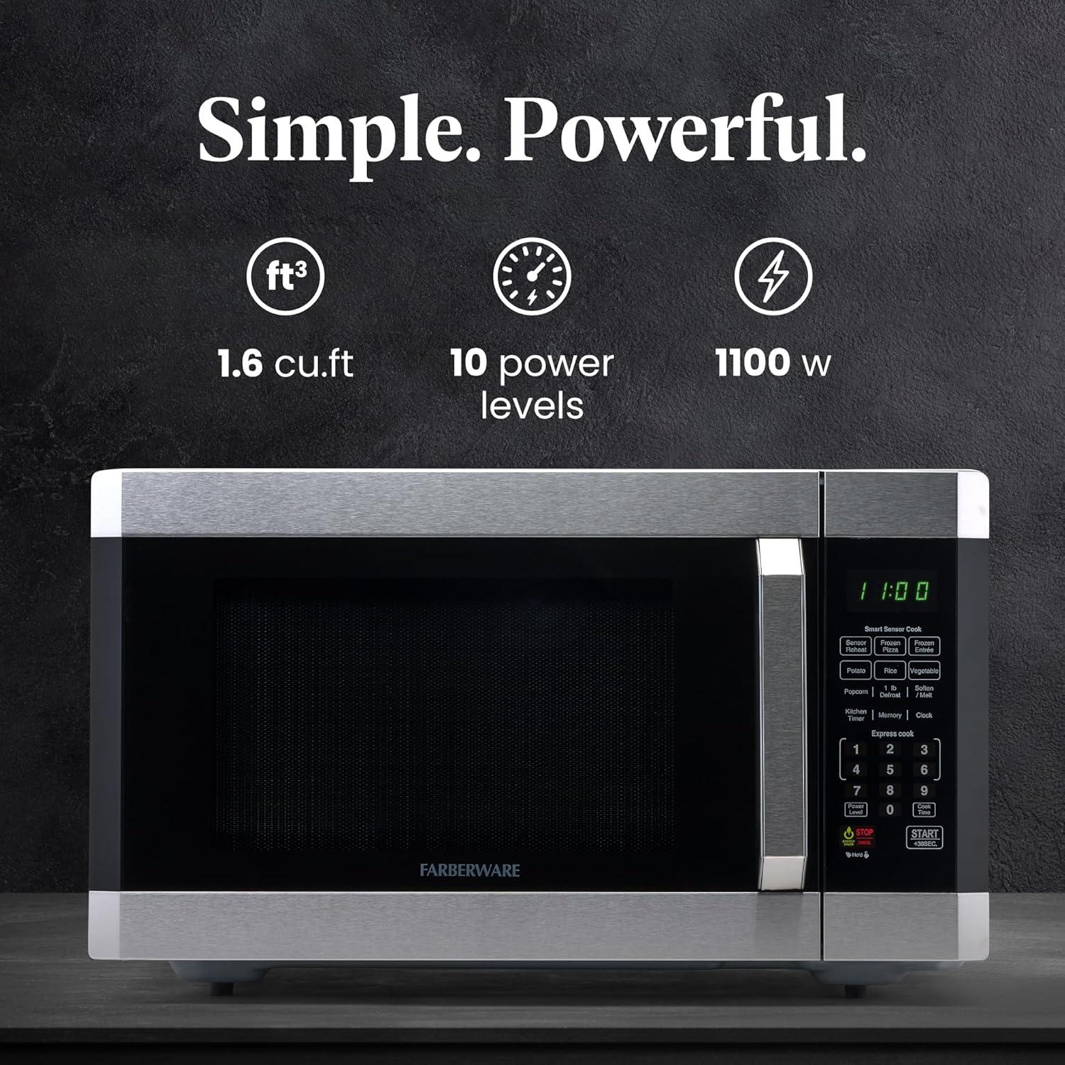 Farberware Professional 1.6 Cu. Ft. 1100-Watt Microwave Oven with Smart Sensor, Stainless Steel with Platinum