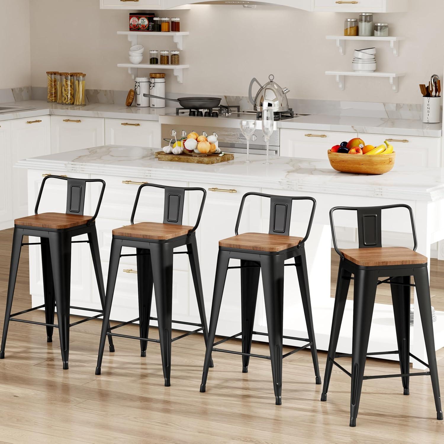 Industrial Black Metal Bar Stools with Wood Seats, Set of 4