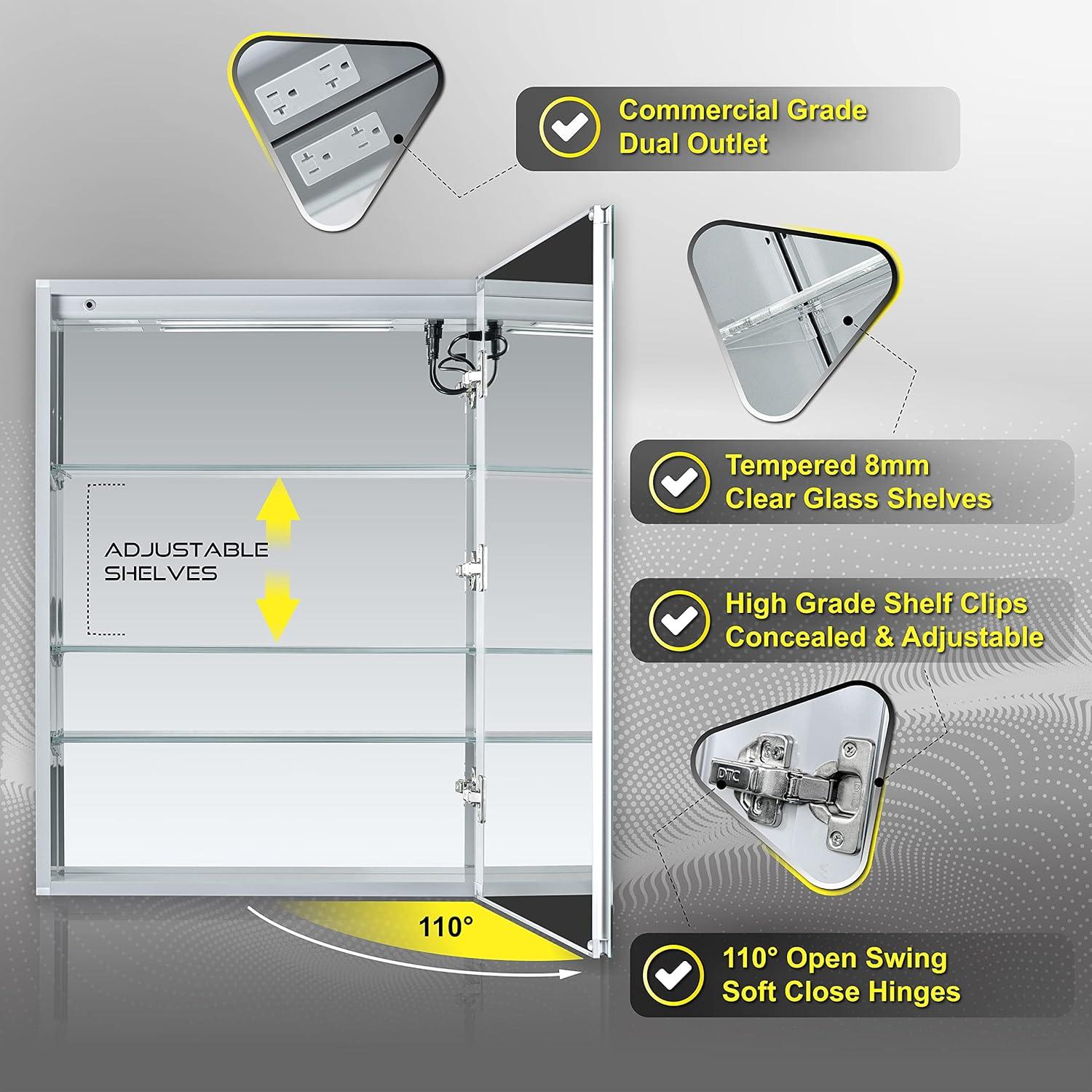 DECADOM LED Mirror Medicine Cabinet Recessed or Surface, Dimmer, Clock, Room Temp Display, Dual Outlets (Duna 24x32 RT)