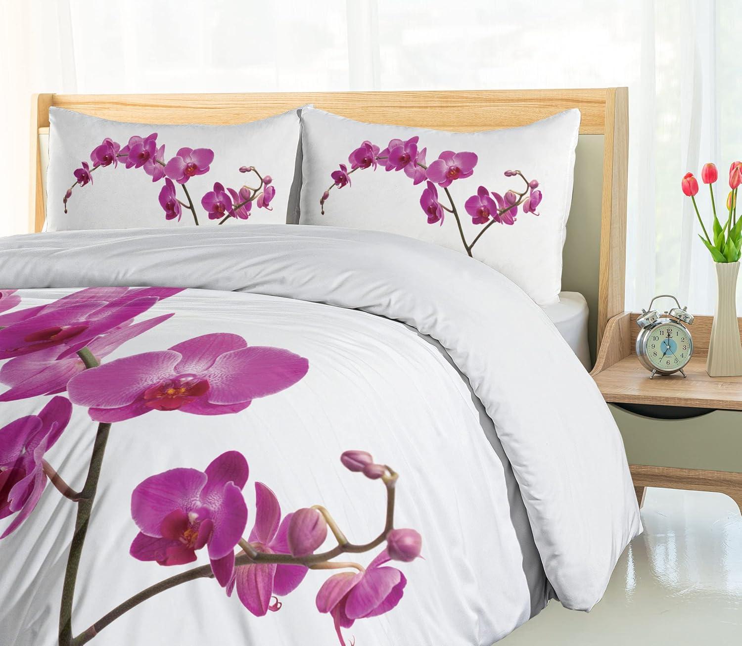 Magenta Queen Size Duvet Cover Set, Wild Orchids Petal Florets Branch Romantic Flower Exotic Plant Nature Artistic Print, Decorative 3 Piece Bedding Set with 2 Pillow Shams, Violet, by Ambesonne