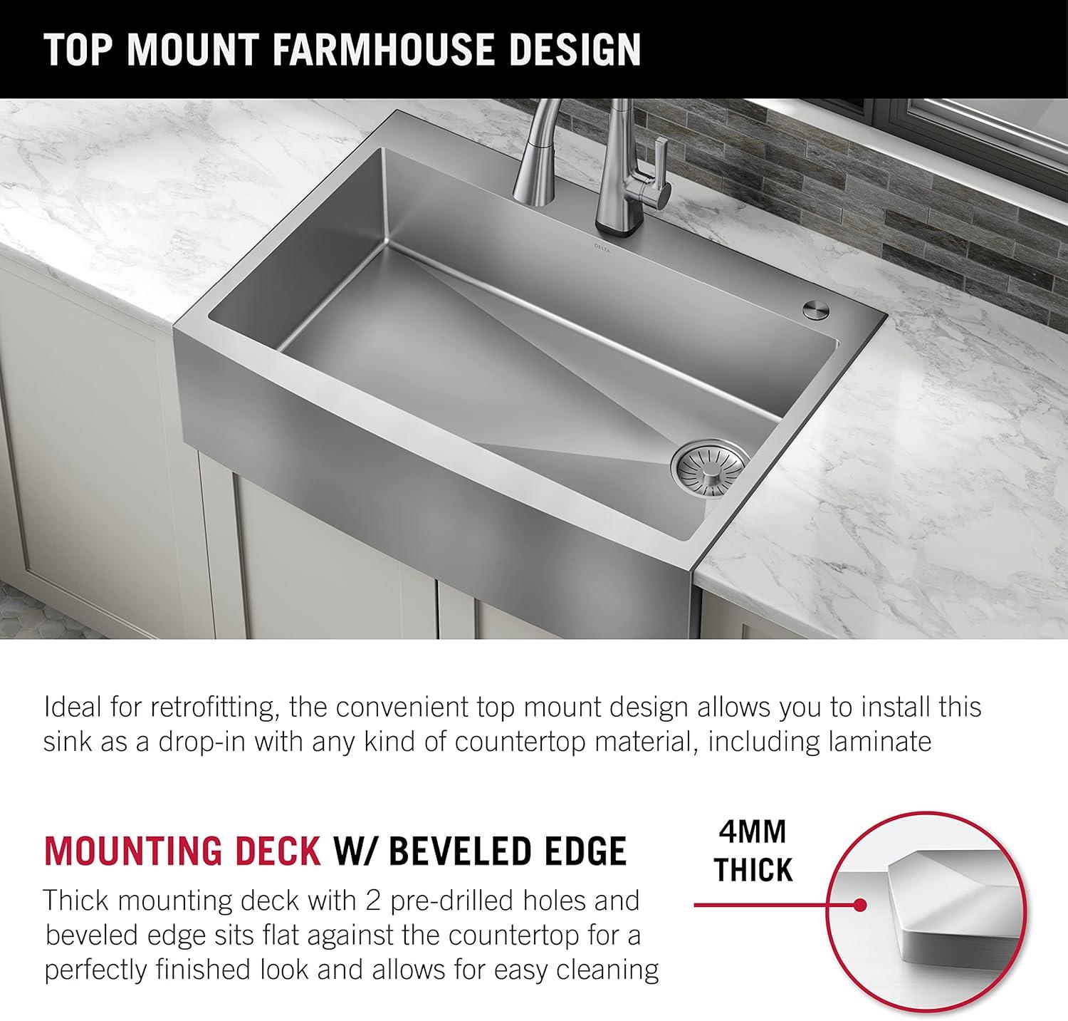 Lenta Retrofit Farmhouse Apron Front 16 Gauge Stainless Steel Single Bowl Kitchen Sink for Top Mount Installation