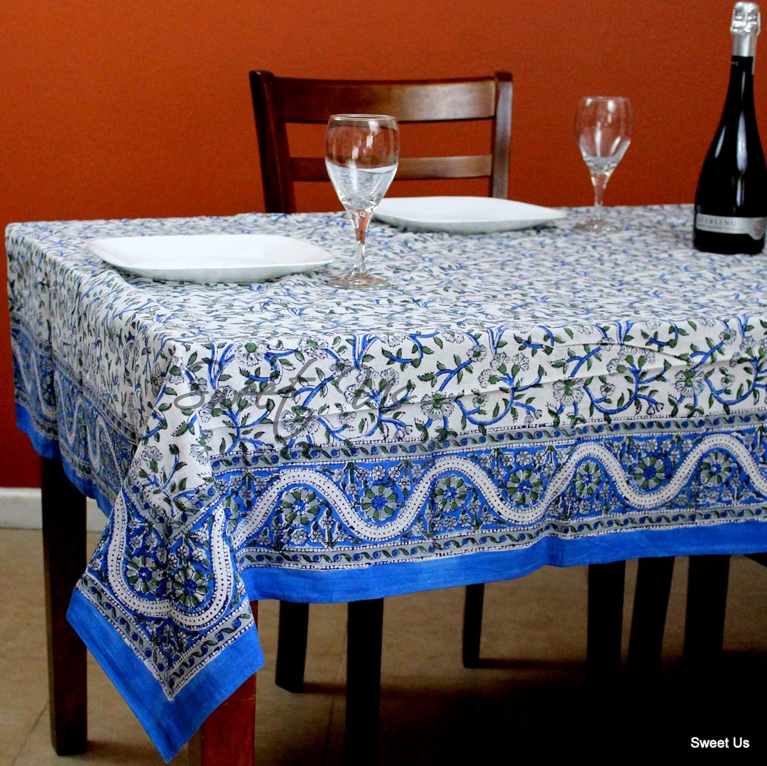 Blue Floral Hand Block Print Cotton Square Tablecloth 72 x 72 inches