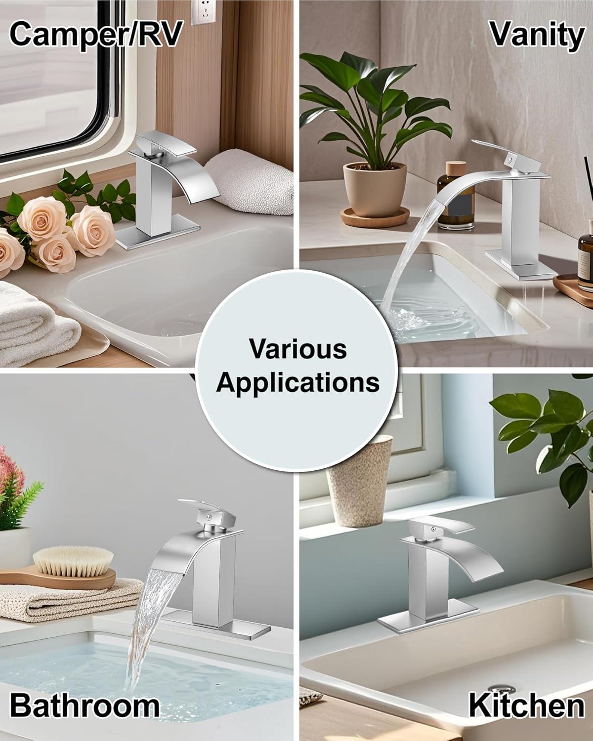 Midanya Waterfall Spout Bathroom Faucet Single Handle 1 Hole Bathroom Sink Faucet,Modern RV Lavatory Vanity Basin Tap with Water Hose,Short Body,Polish Chrome