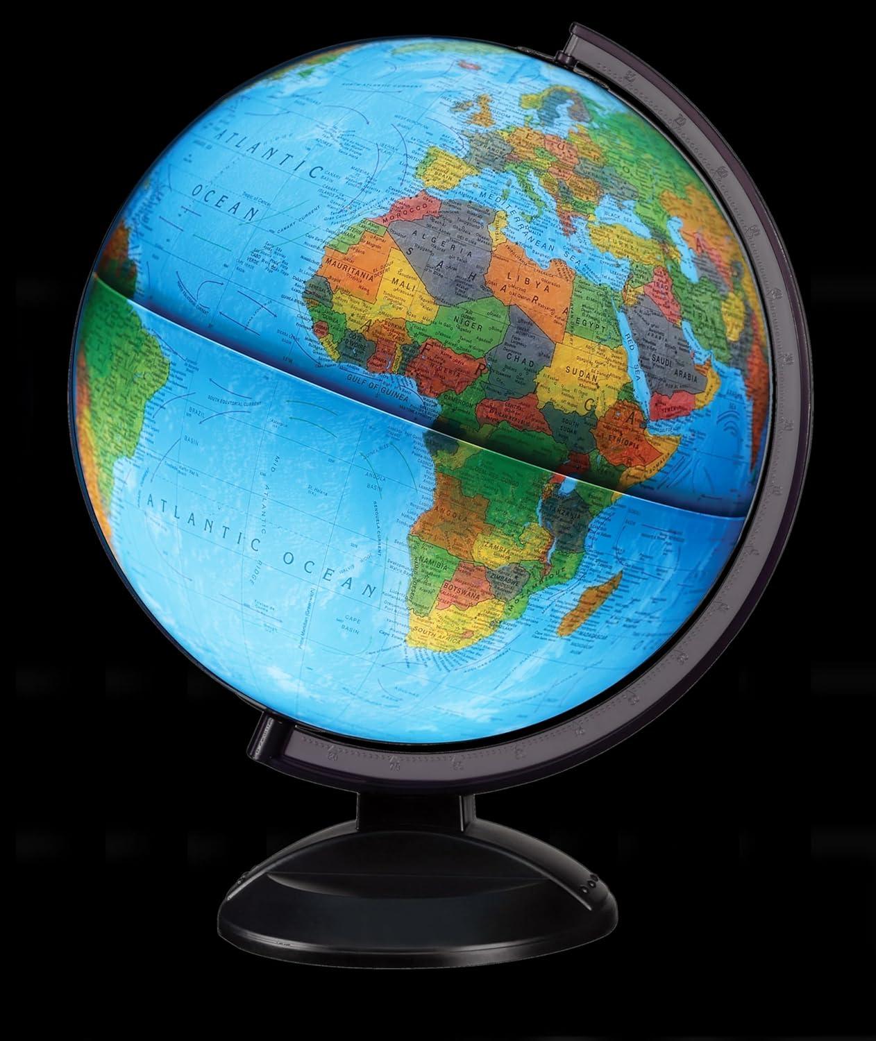 Replogle Ready to Assemble World 12" Diameter Globe, USA Cartography, Modern Acrylic Globe Stand and Blue Ocean Globe Ball. Easy to assemble globe that shows both Political and Vegetative information including political borders and provincial borders, major ocean currents, detailed lakes, rivers, tributaries and canals.