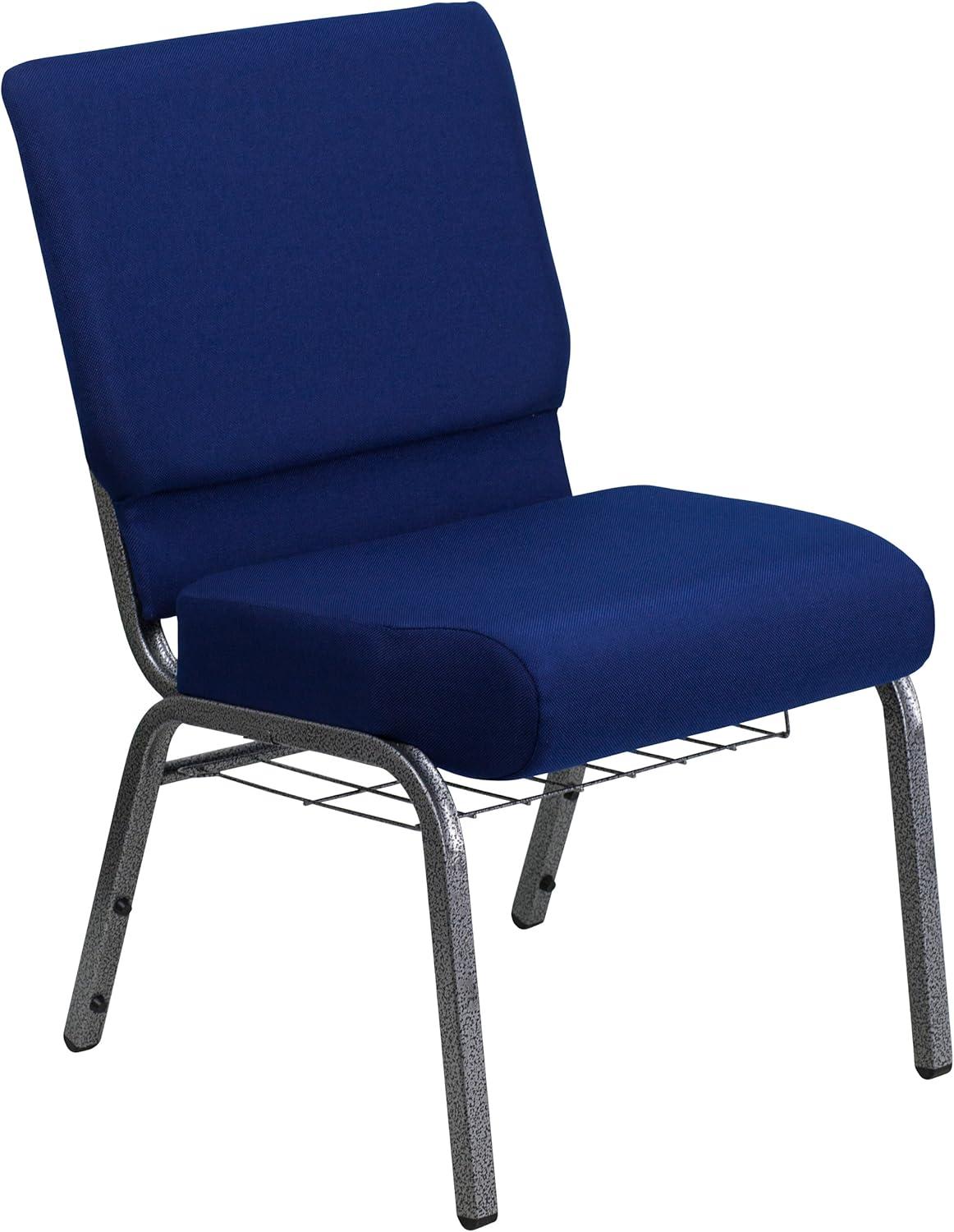 Flash Furniture HERCULES Series 21''W Church Chair in Navy Blue Fabric with Cup Book Rack - Silver Vein Frame