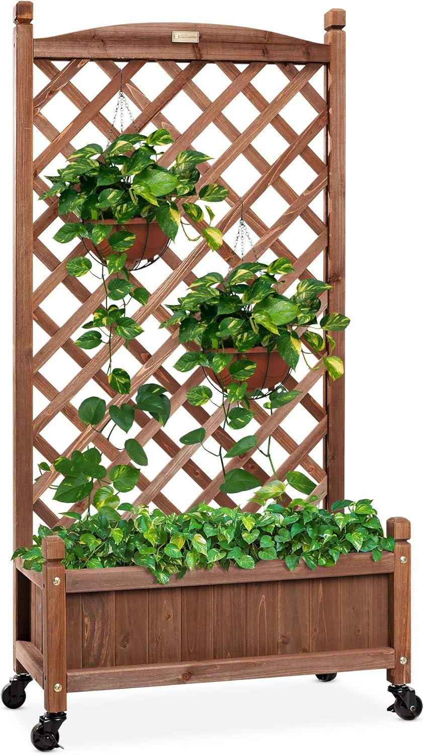 60in Wood Planter Box & Diamond Lattice Trellis, Mobile Outdoor Raised Garden Bed for Climbing Plants w/Drainage Holes, Optional Wheels - Walnut