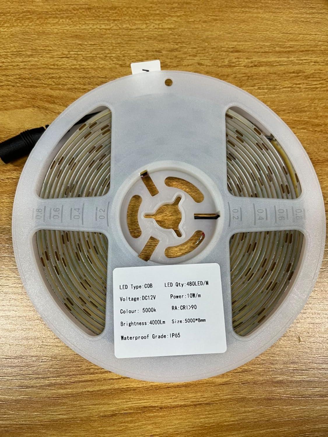 12V COB LED Strip Light Daylight White 5000K Waterproof IP65 480LEDs/M Super Bright 4000Lm CRI>90 16.4ft/5M Dotless High Density Cuttable Flexible for Cabinet Home DIY Lighting Projects